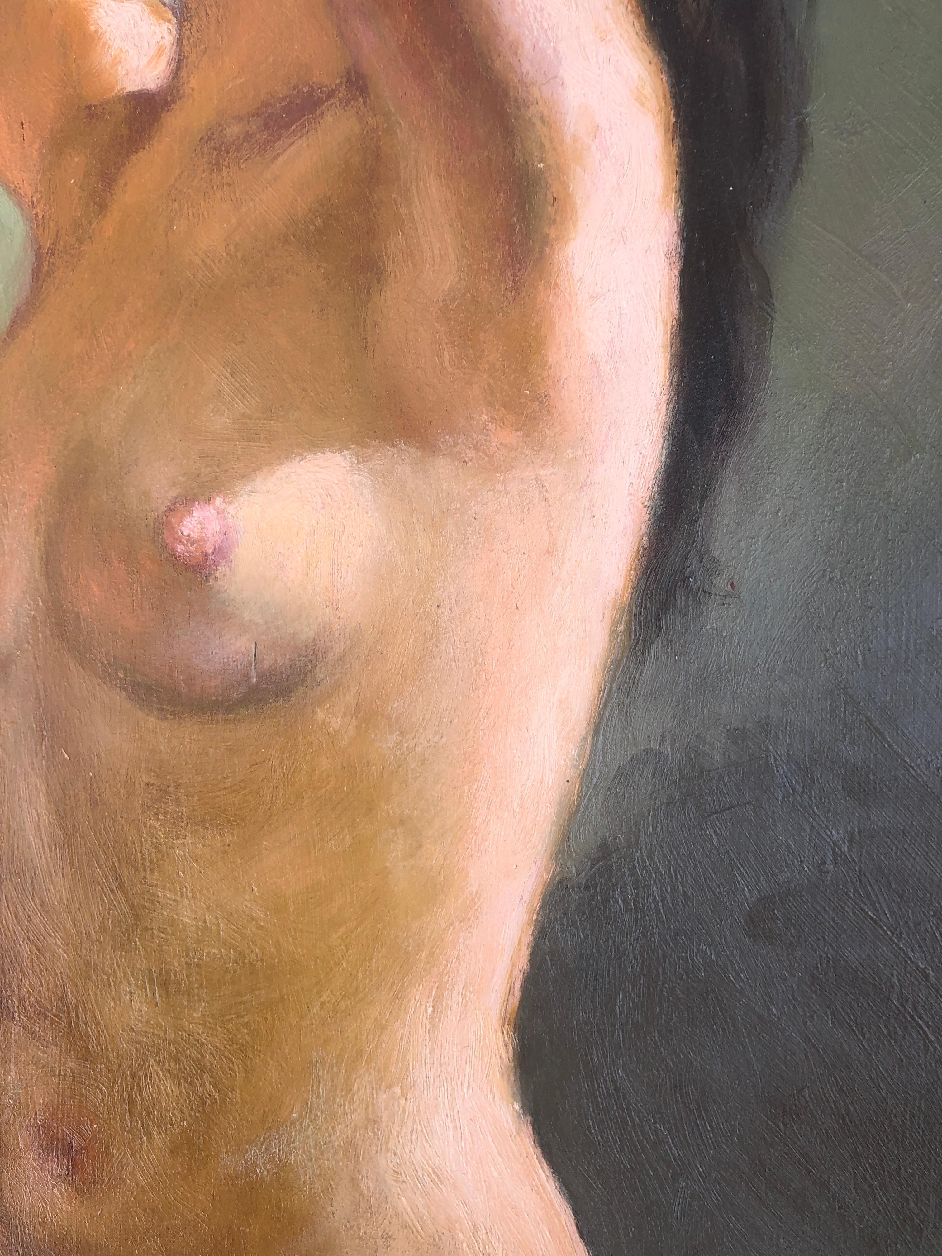 female nude woman oil on board painting - Post-Impressionist Painting by Juan Valera Montoro