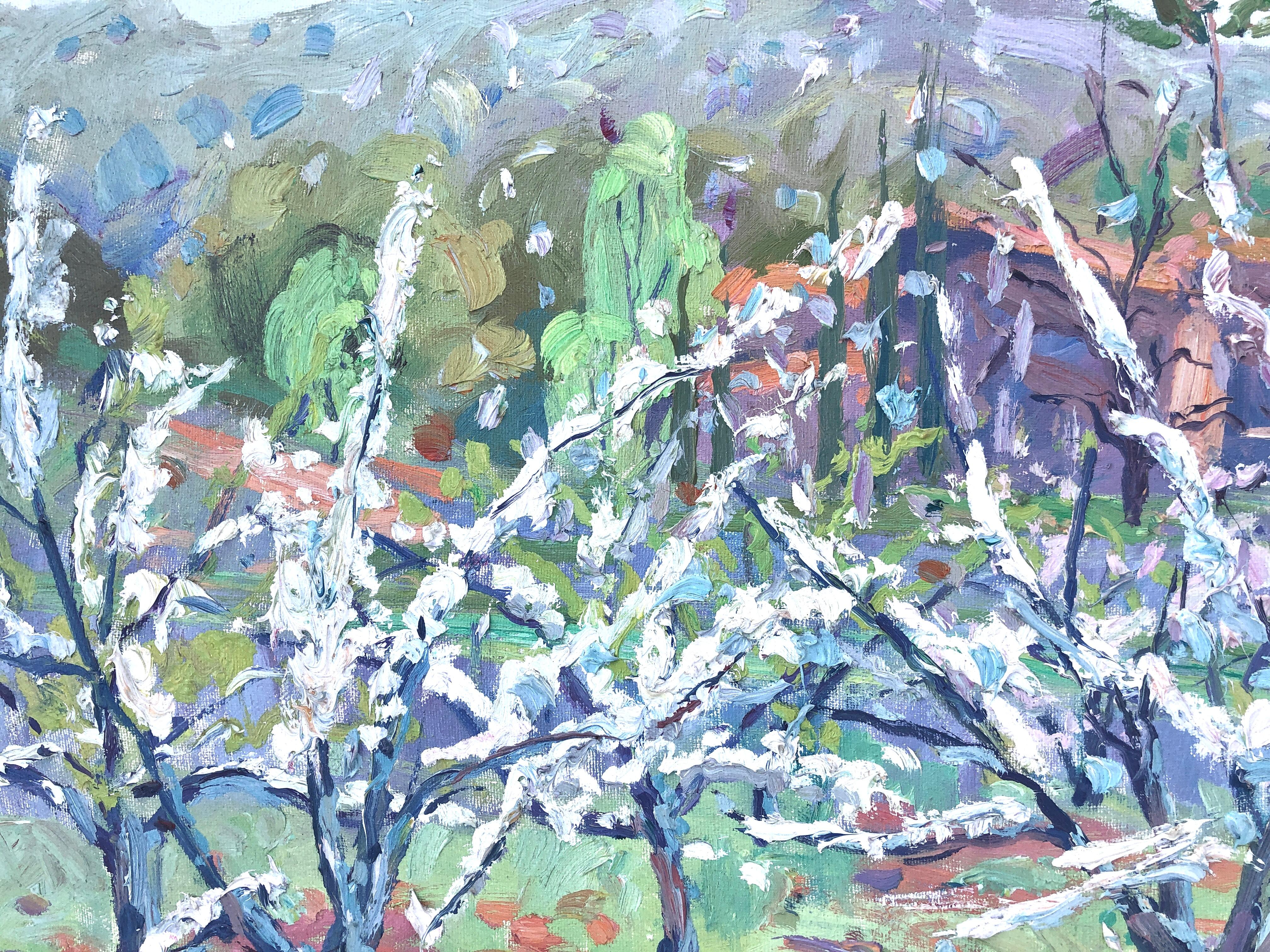 Almond blossom spanish landscape oil on canvas painting - Gray Landscape Painting by Juan Varea