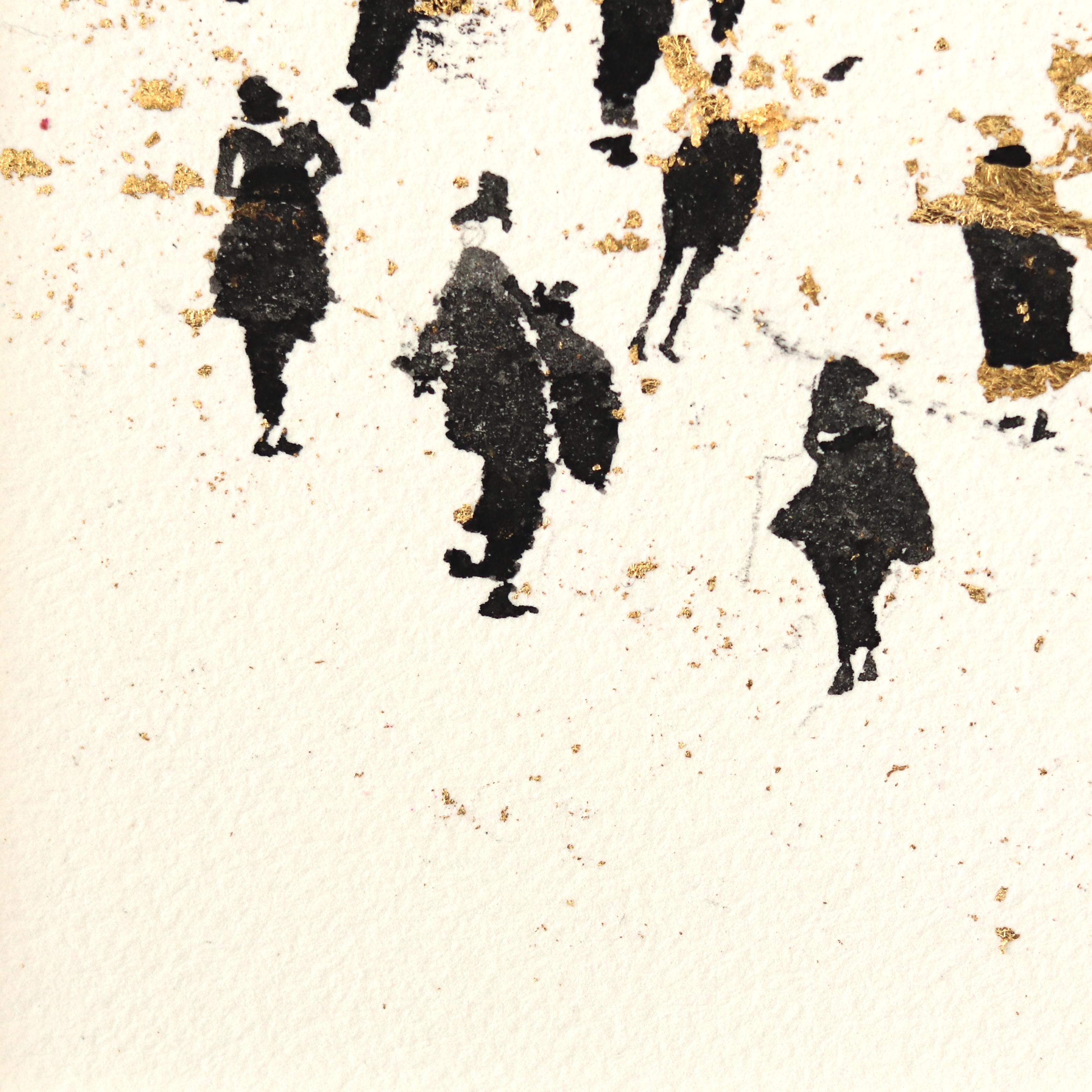 Fiesta - Original Ink on Paper Artwork with Black Figures and Gold Leaf - Contemporary Mixed Media Art by Juana Cespedes