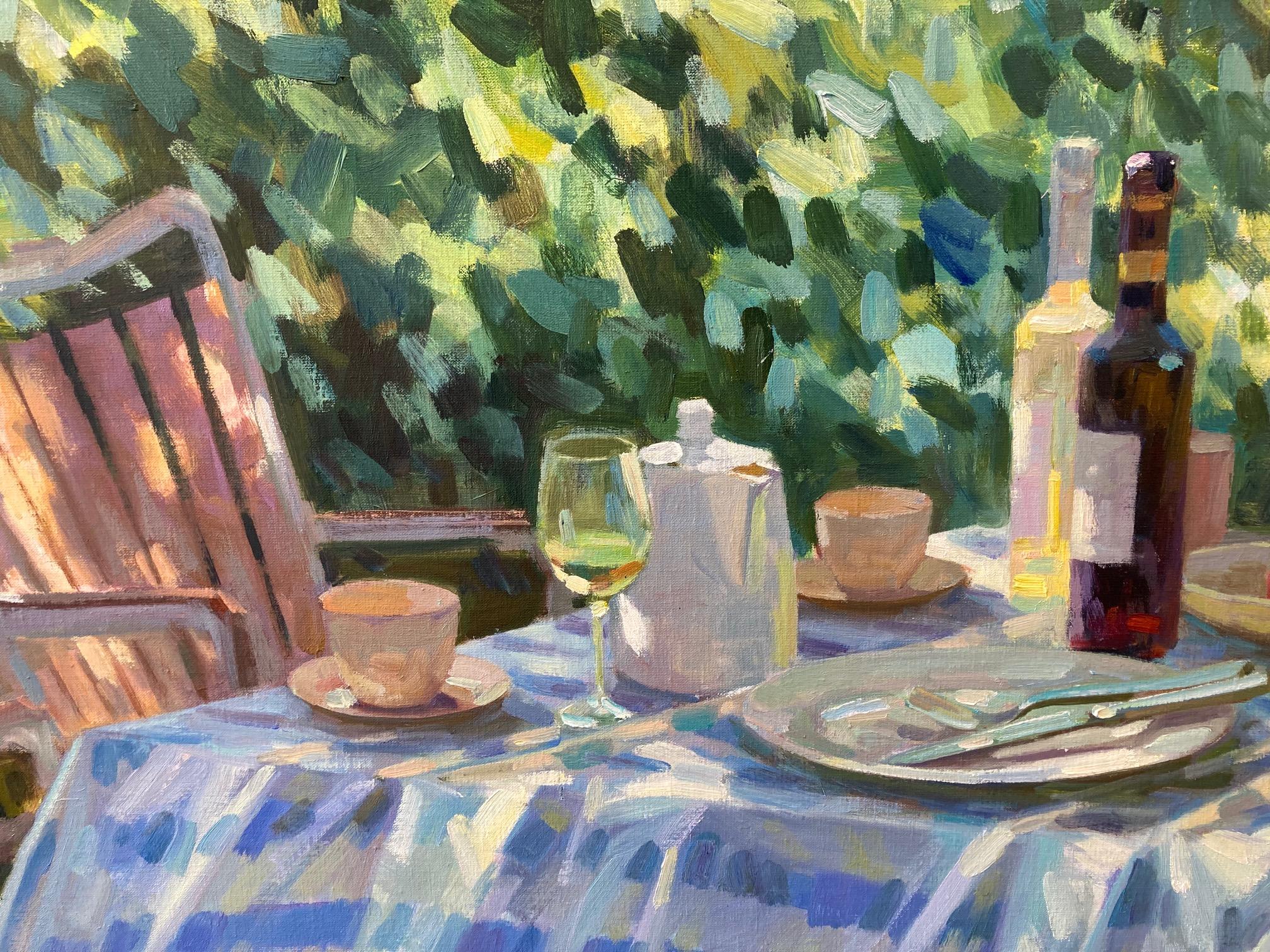 Aangename Zomer Pintura al Óleo sobre Lienzo Disfrutar del Verano Mesa Jardín En Stock - Painting Contemporáneo de Juane Xue