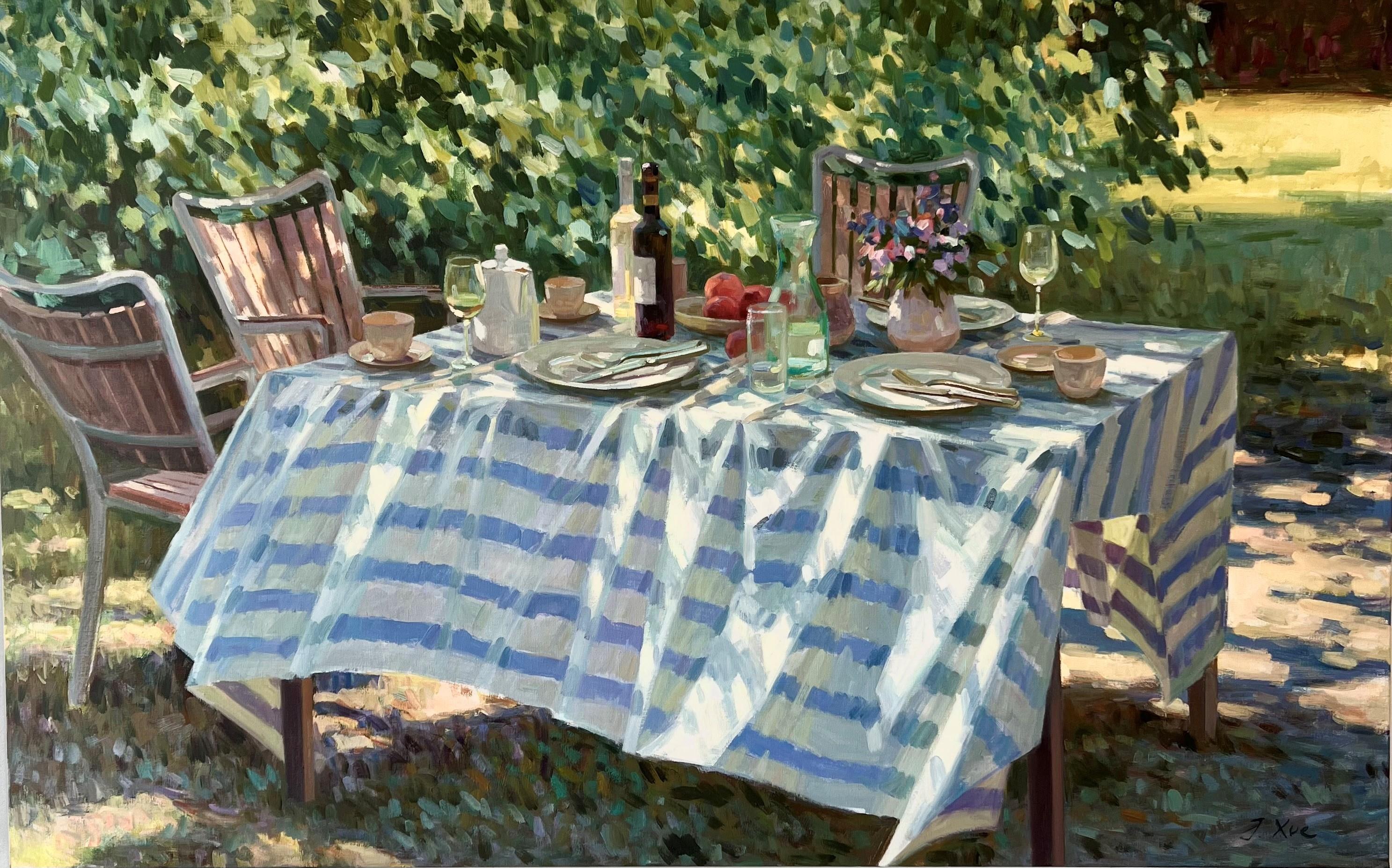 Juane Xue Landscape Painting - Aangename Zomer Oil Painting on Canvas Enjoyable Summer Table Garden In Stock