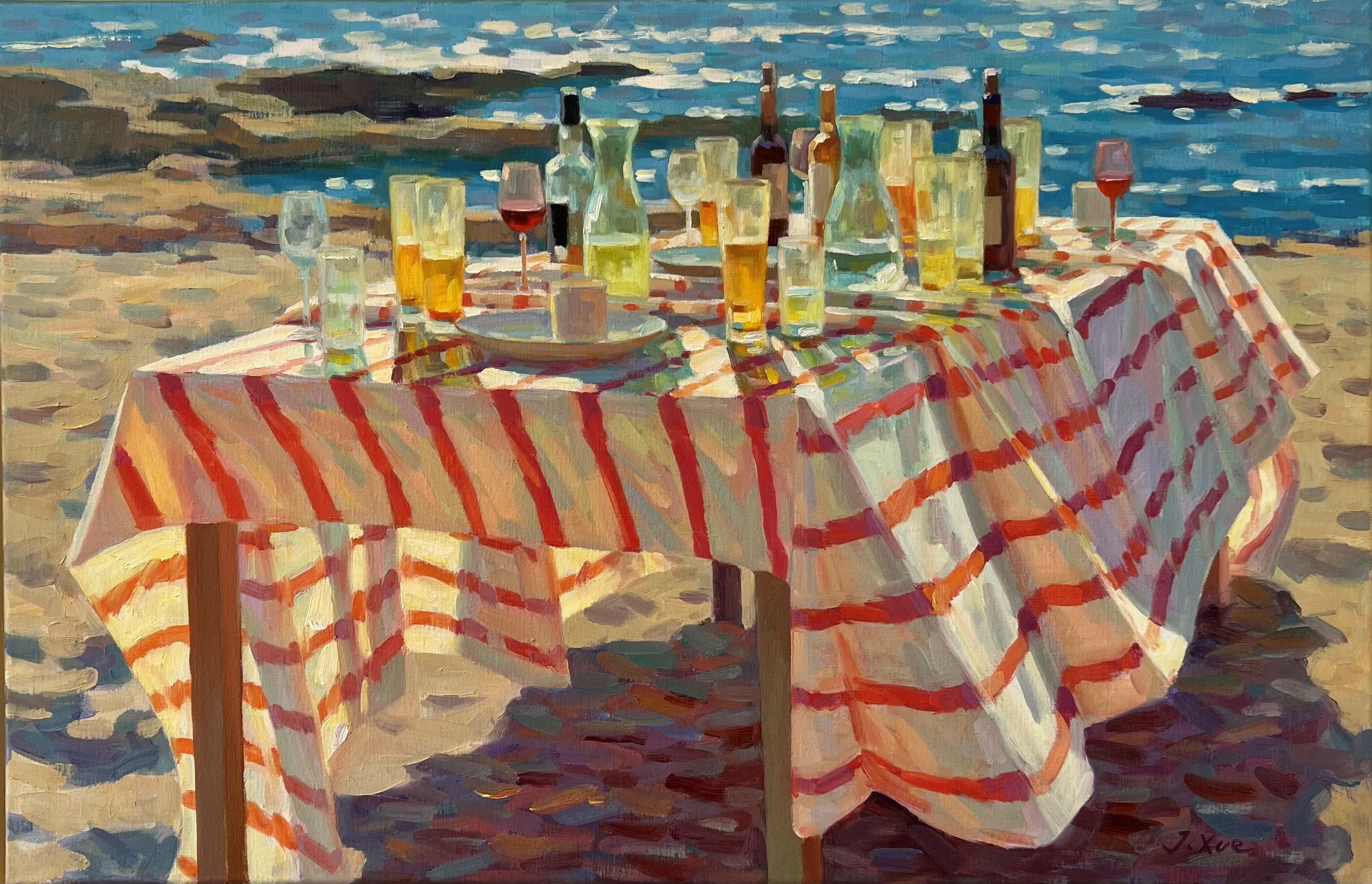 Flamboyant Licht LIght Pittura ad olio su tela Tavolo Spiaggia Natura morta In magazzino - Painting di Juane Xue