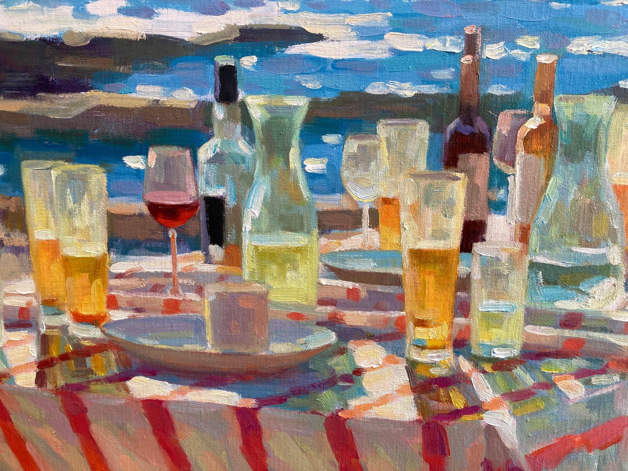 Flamboyant Licht LIght Pittura ad olio su tela Tavolo Spiaggia Natura morta In magazzino - Painting Contemporaneo di Juane Xue