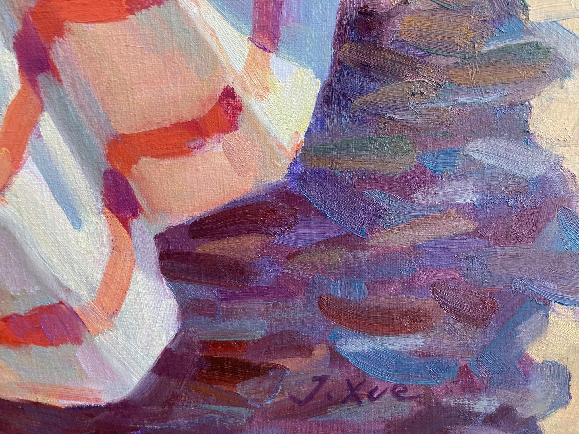 Flamboyant Licht LIght Pittura ad olio su tela Tavolo Spiaggia Natura morta In magazzino - Figurative Painting Marrone di Juane Xue