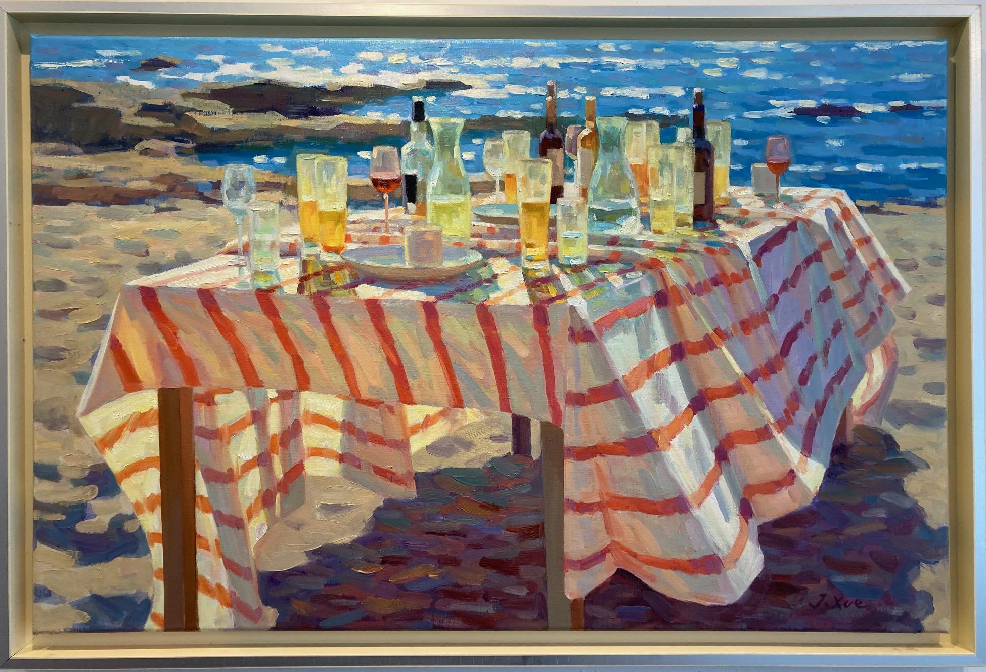 Figurative Painting di Juane Xue - Flamboyant Licht LIght Pittura ad olio su tela Tavolo Spiaggia Natura morta In magazzino