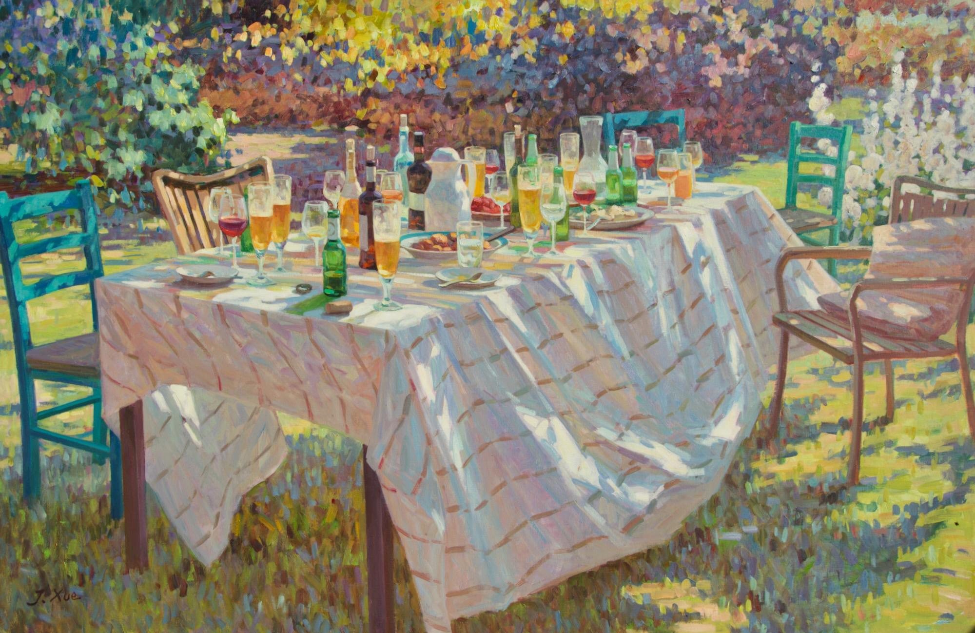Figurative Painting di Juane Xue - Herfstfeest Pittura a olio su tela Colori della festa d'autunno Tavolo Vino Birra In magazzino