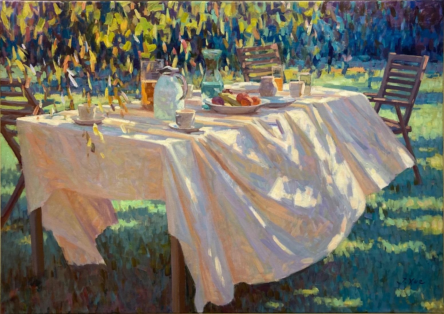 Herfstzon Autumn Sun Oil Painting on Canvas Linen Still Life Table  In Stock - Brown Still-Life Painting by Juane Xue