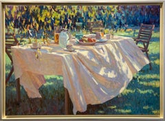 Herfstzon Pittura ad olio con sole d'autunno su tela Tavola con natura morta in lino  In stock
