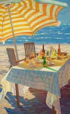 Onder de Parasol Underneath the Beach Umbrella Oil Painting on Canvas In Stock