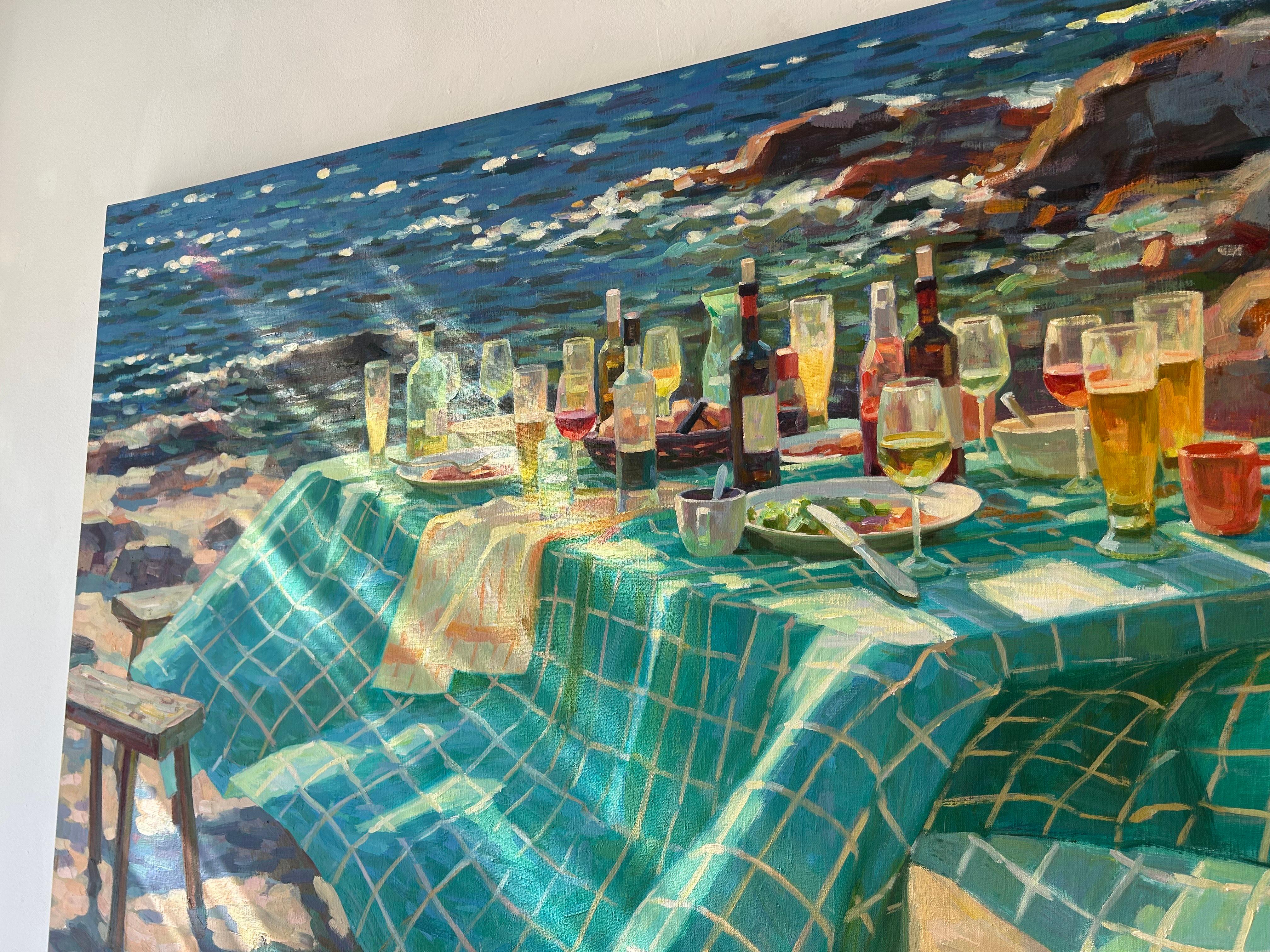 Stralend Blauw Radiant Blue Beach Still Life Wine Table Setting nuovo In magazzino - Painting Contemporaneo di Juane Xue