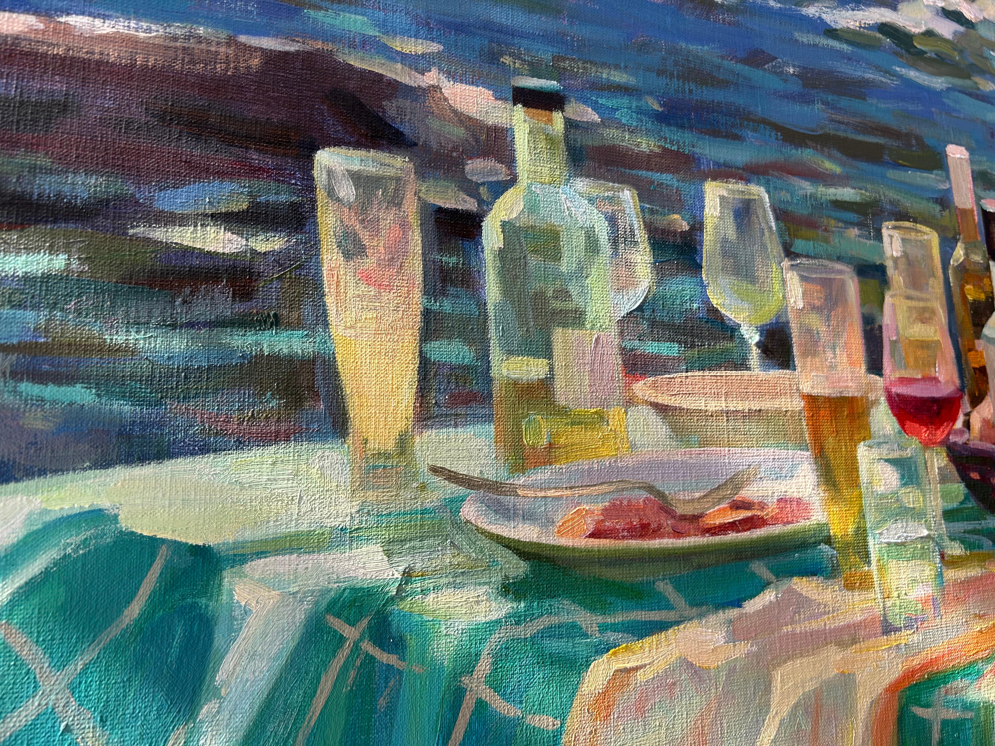 Stralend Blauw Radiant Blue Beach Still Life Wine Table Setting nuovo In magazzino - Figurative Painting Beige di Juane Xue
