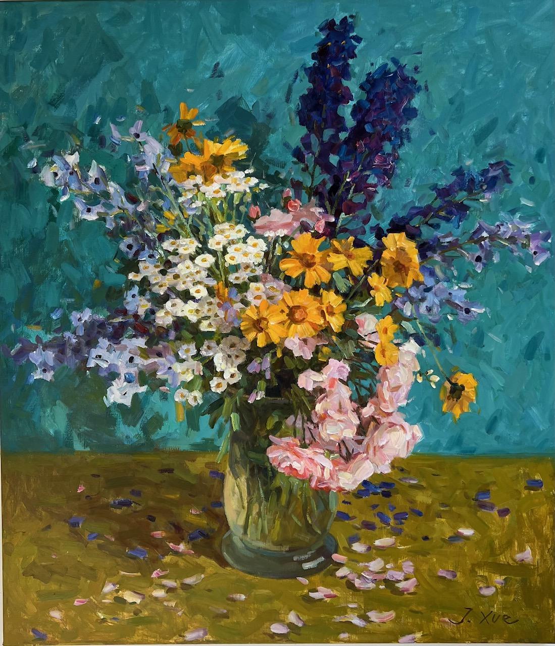Figurative Painting de Juane Xue - Ramo de verano Flores Naturaleza muerta Jarrón Colores Naturaleza  En stock