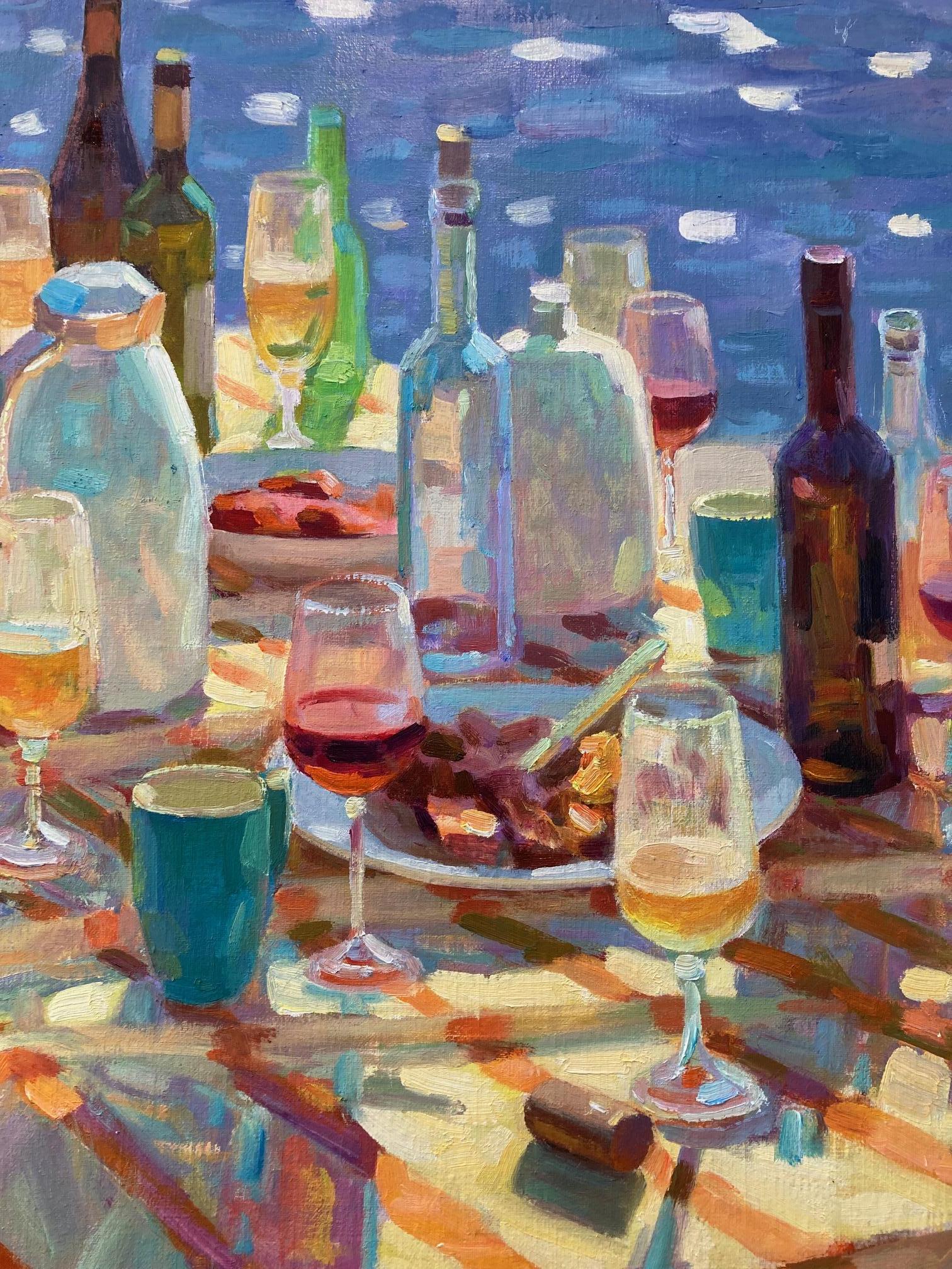 Peinture à l'huile sur toile « Sweet Memory » représentant une table de plage, vin et bière, en stock - Painting de Juane Xue