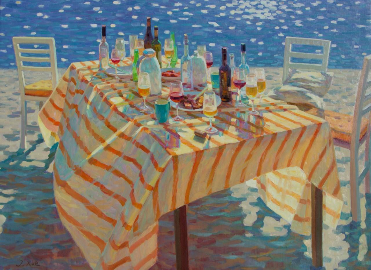Peinture à l'huile sur toile « Sweet Memory » représentant une table de plage, vin et bière, en stock - Marron Landscape Painting par Juane Xue