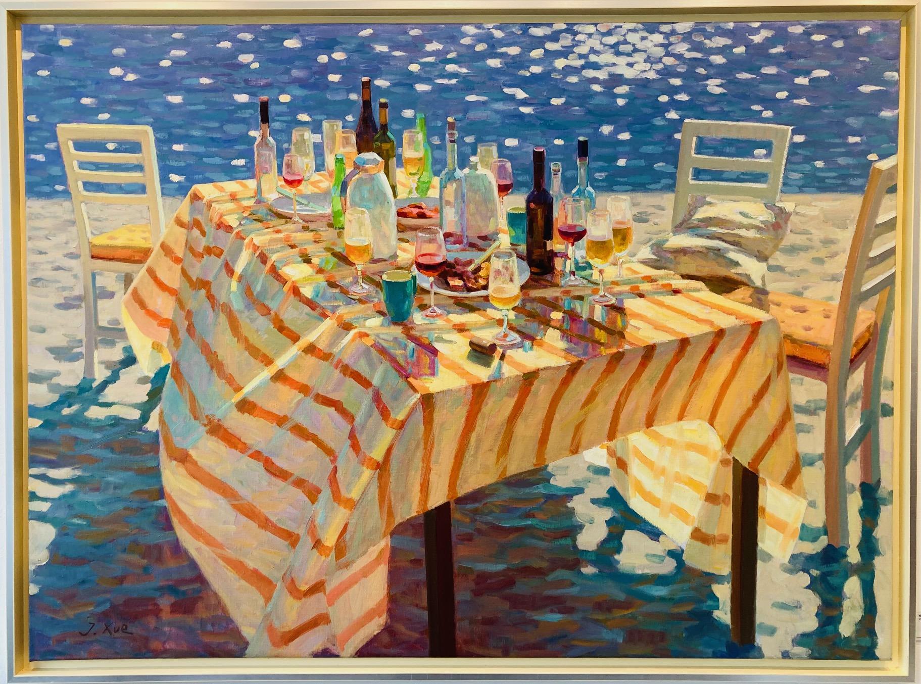 Landscape Painting Juane Xue - Peinture à l'huile sur toile « Sweet Memory » représentant une table de plage, vin et bière, en stock