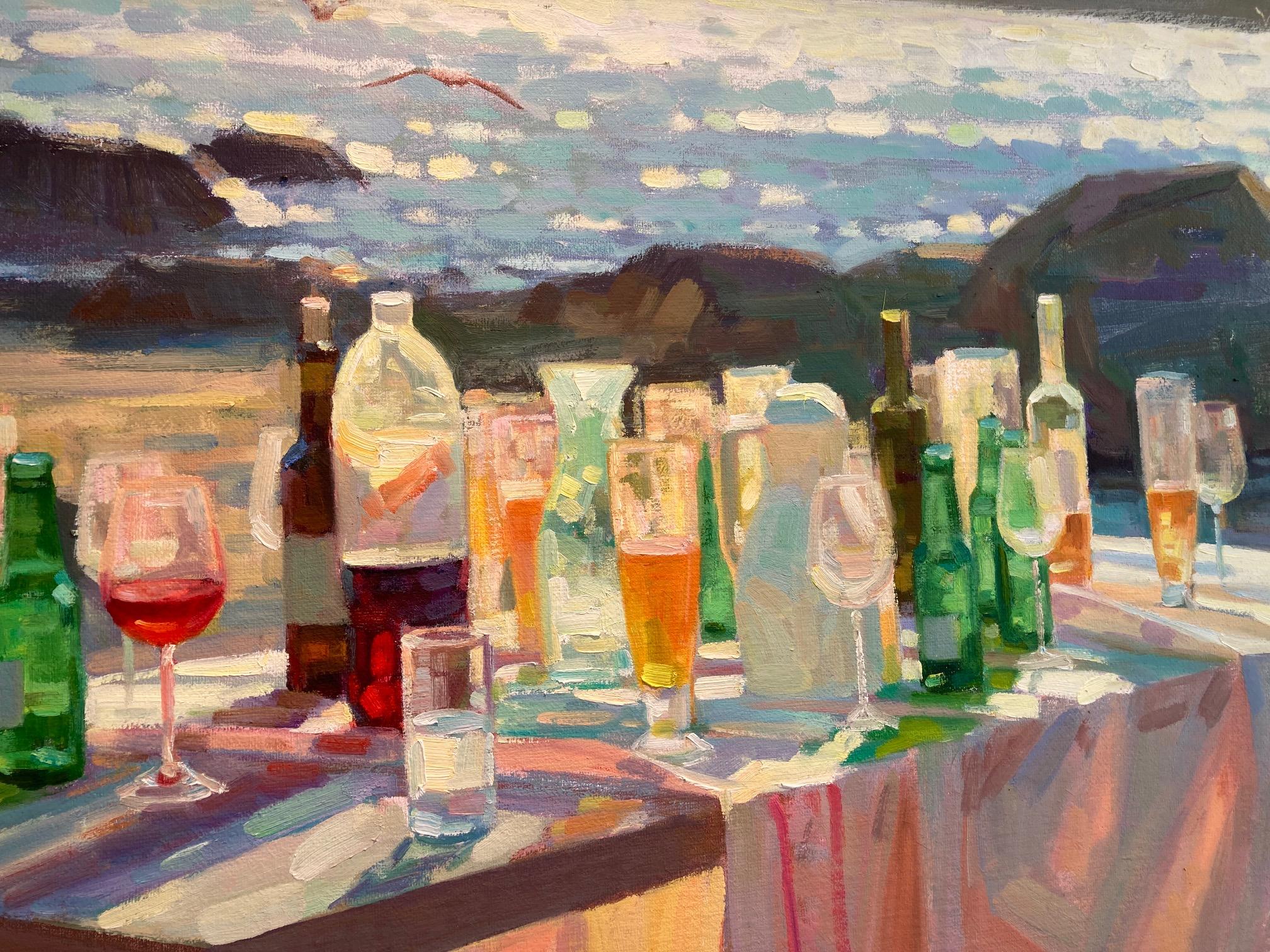 Zeelicht Meereslicht Öl auf Leinwand Gemälde Tisch Fest Wein Party Strand auf Lager (Zeitgenössisch), Painting, von Juane Xue