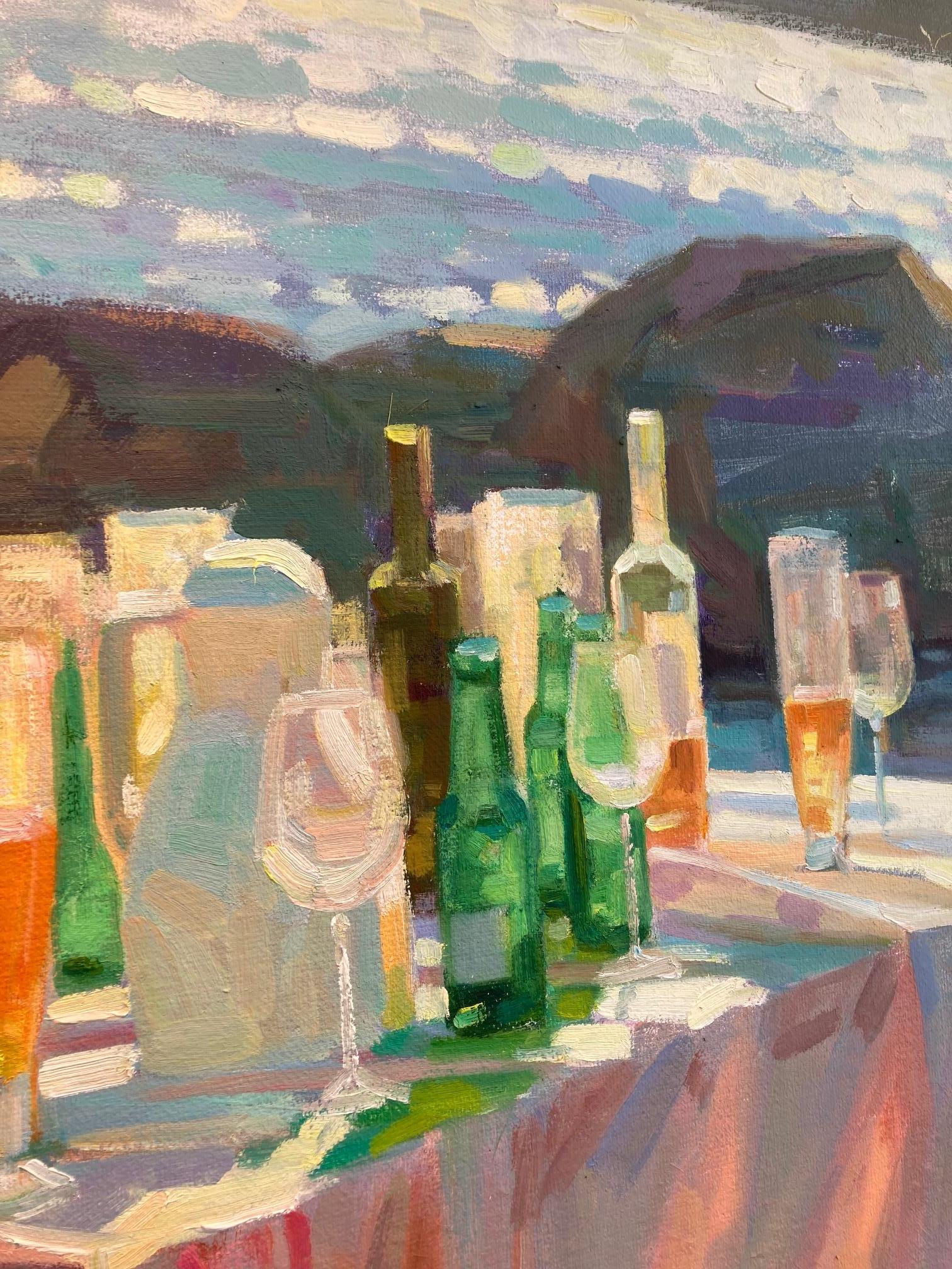 Zeelicht Meereslicht Öl auf Leinwand Gemälde Tisch Fest Wein Party Strand auf Lager (Braun), Figurative Painting, von Juane Xue