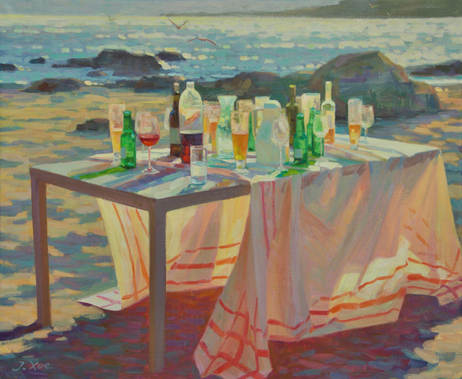 Juane Xue Figurative Painting – Zeelicht Meereslicht Öl auf Leinwand Gemälde Tisch Fest Wein Party Strand auf Lager