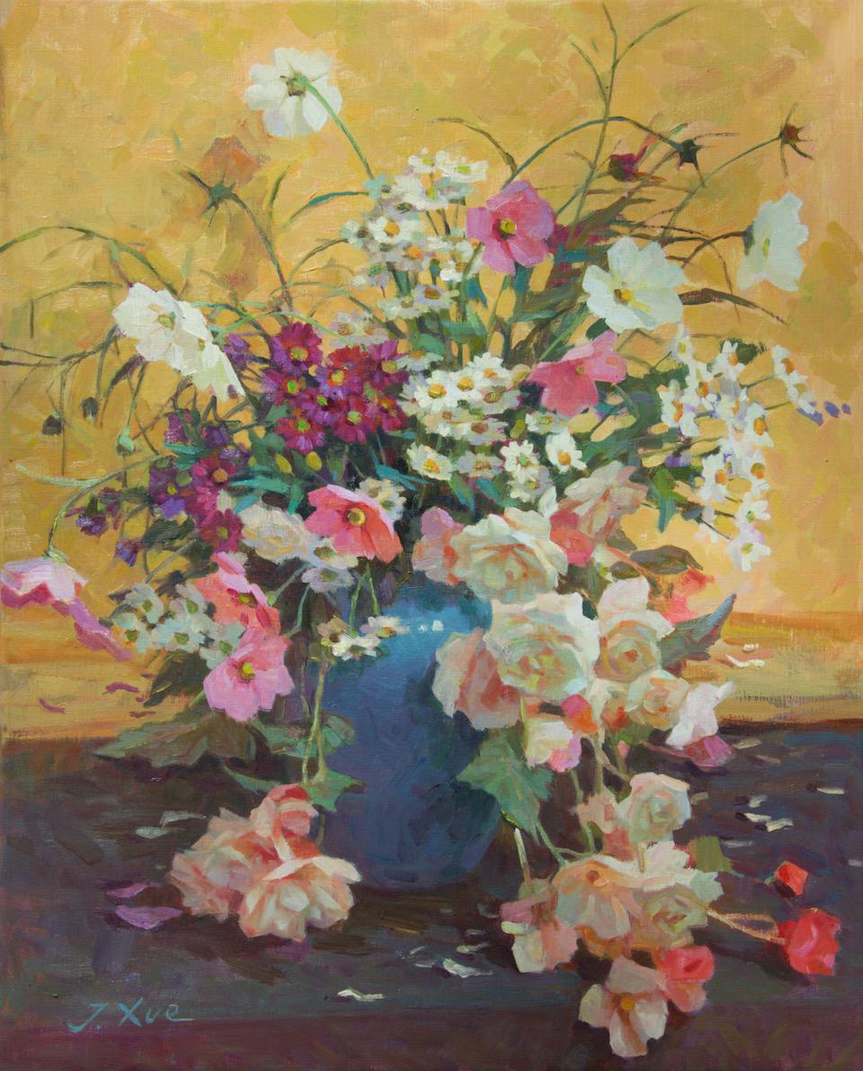 Zegen Blessing Pittura a olio su tela Fiori Natura morta Bouquet In magazzino - Painting di Juane Xue