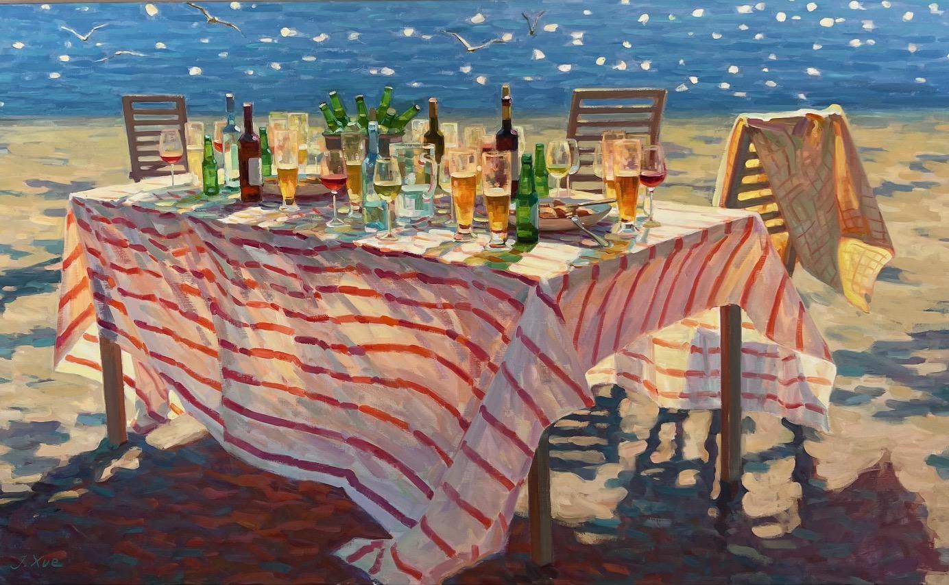 Still-Life Painting di Juane Xue - Zonnige Zee Sunny Sea Still Life Table Beer Wine Party at Beach In magazzino