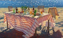 Zonnige Zee Sunny Sea Still Life Table Beer Wine Party at Beach In Stock