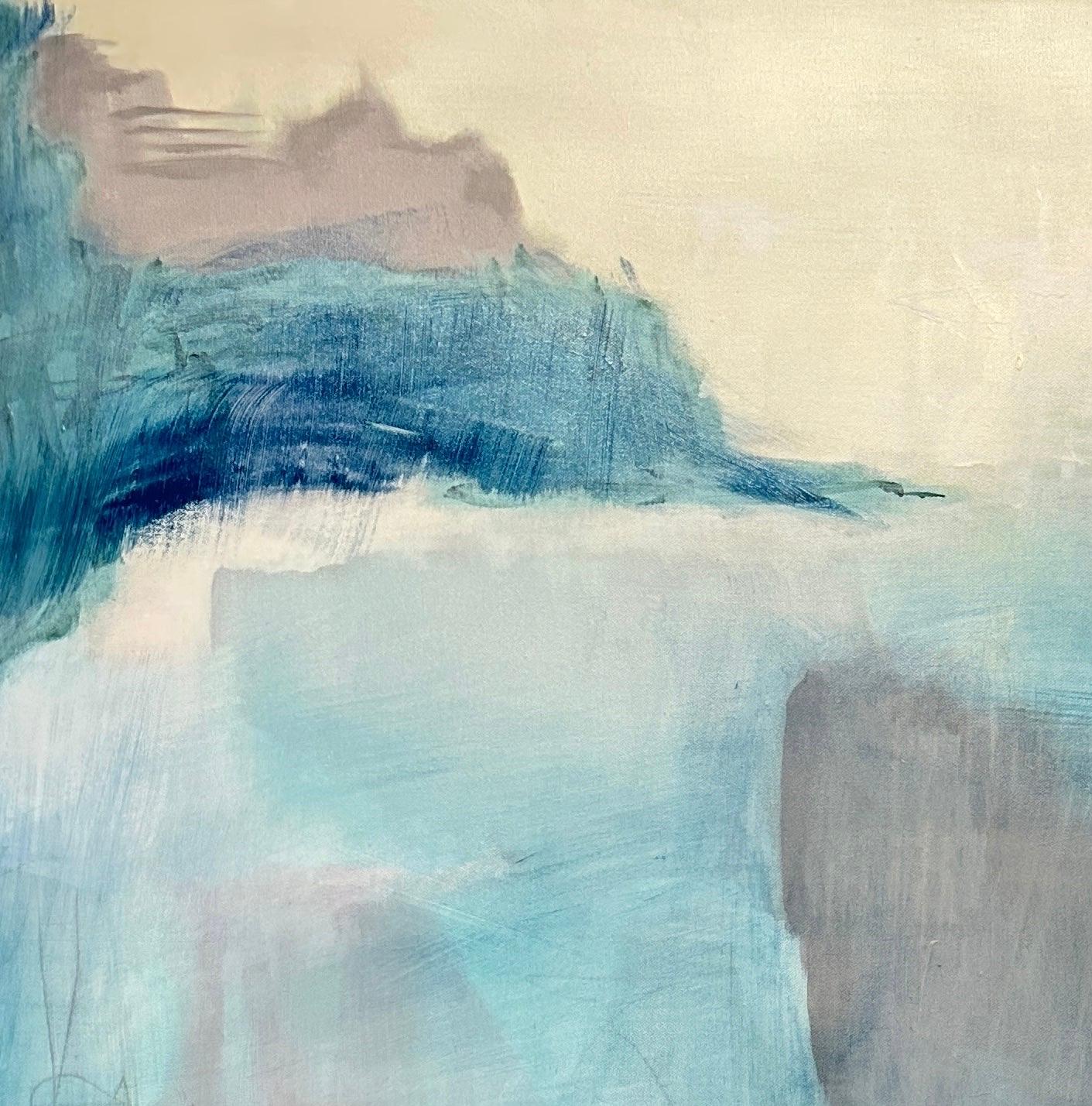 Une baie de Misty, océan, sarcelle, blanc, falaises, formation rocheuse - Impressionnisme abstrait Painting par Juanita Bellavance 