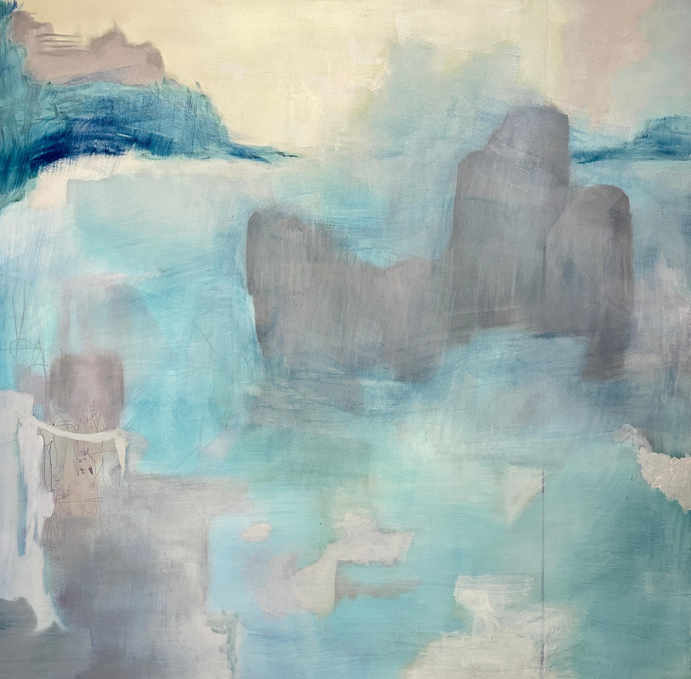 A Misty Bay, ocean, teal, white, cliffs, rock formation - Painting by Juanita Bellavance 