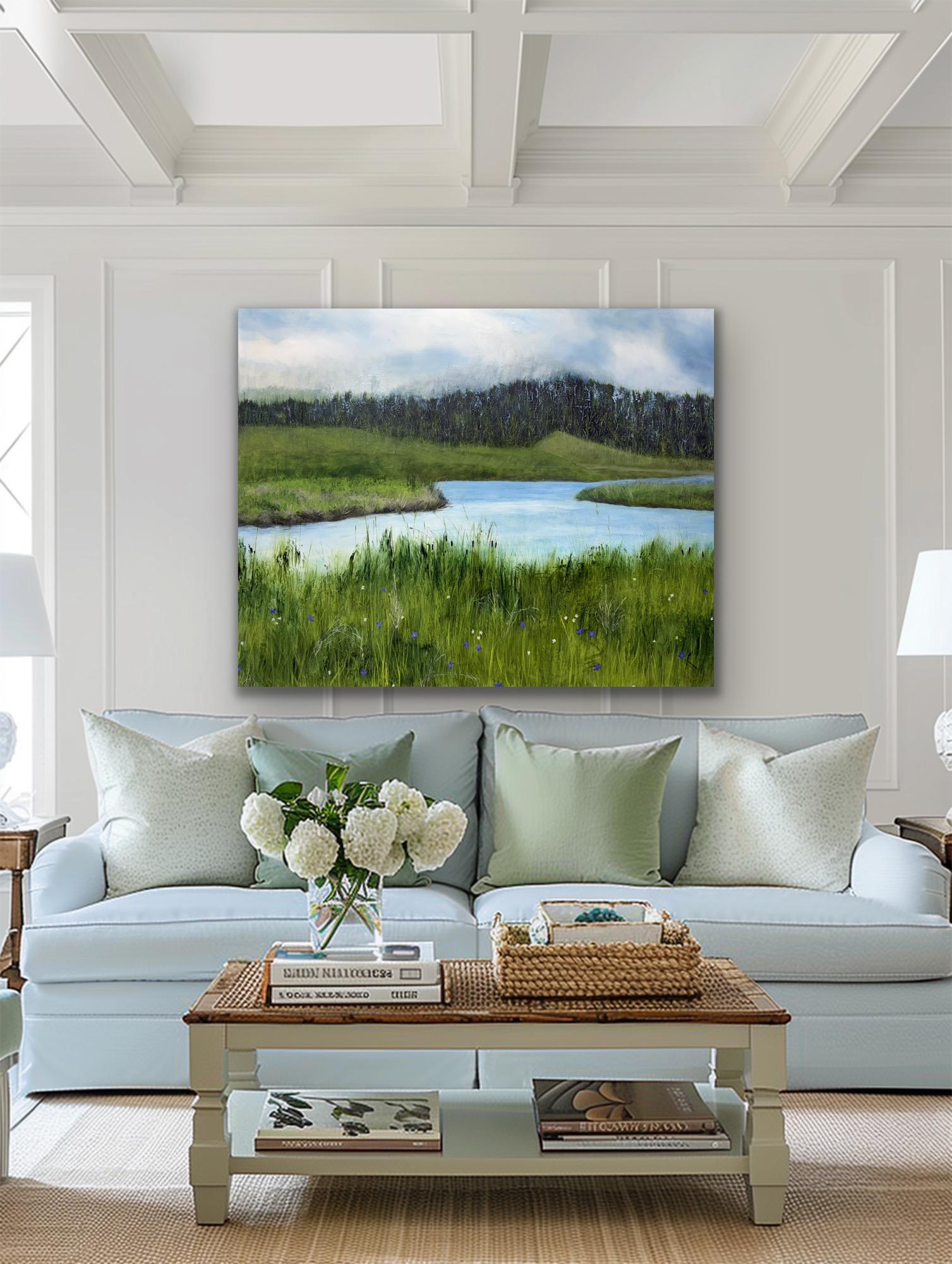 Entre las flores silvestres, verde, azul, río, naturaleza, realismo en venta 10