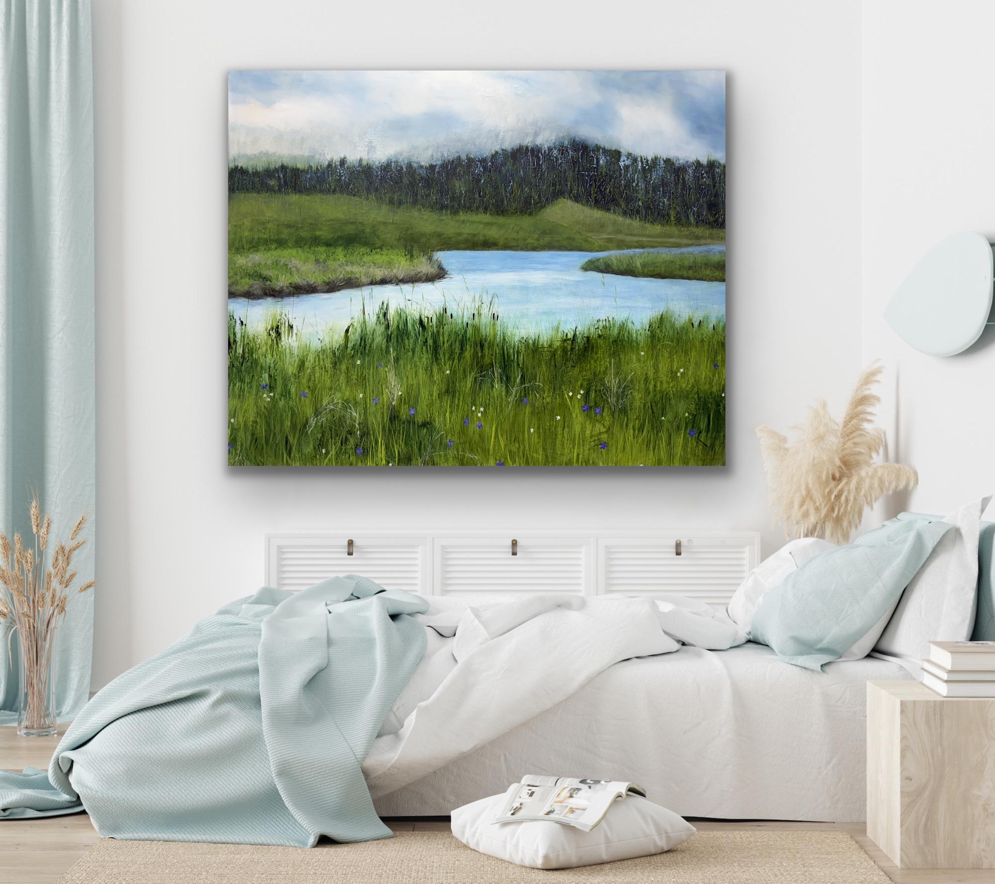 Entre las flores silvestres, verde, azul, río, naturaleza, realismo en venta 11