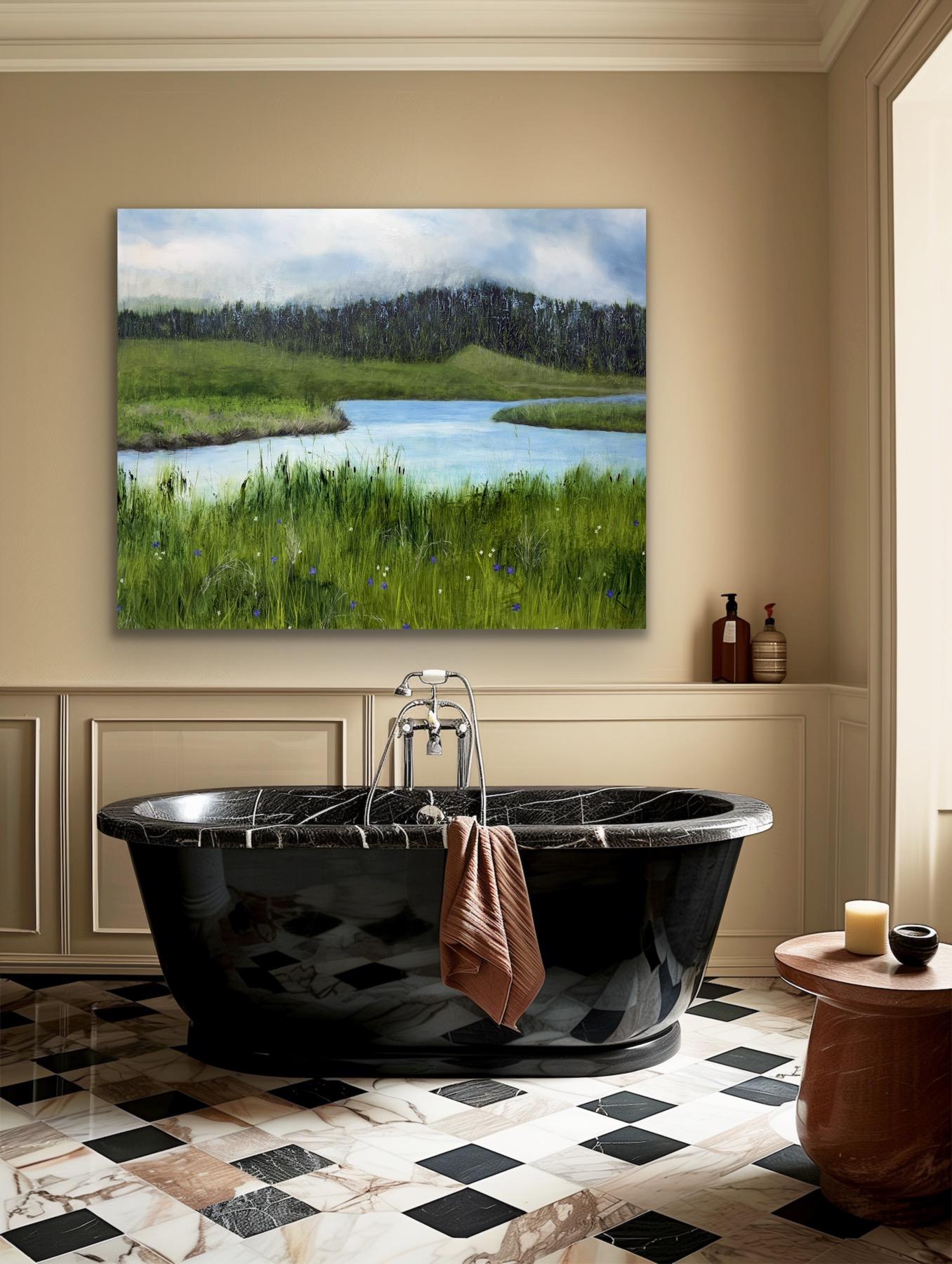 Entre las flores silvestres, verde, azul, río, naturaleza, realismo en venta 12