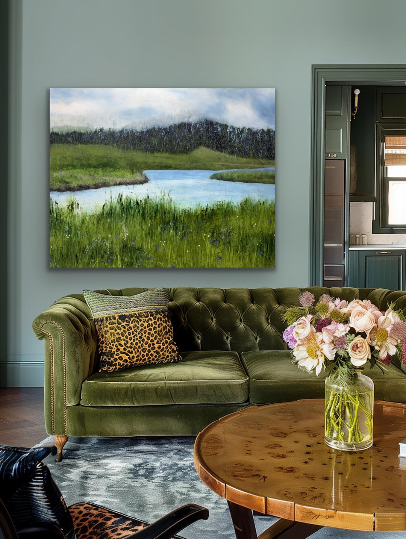 Entre las flores silvestres, verde, azul, río, naturaleza, realismo en venta 13