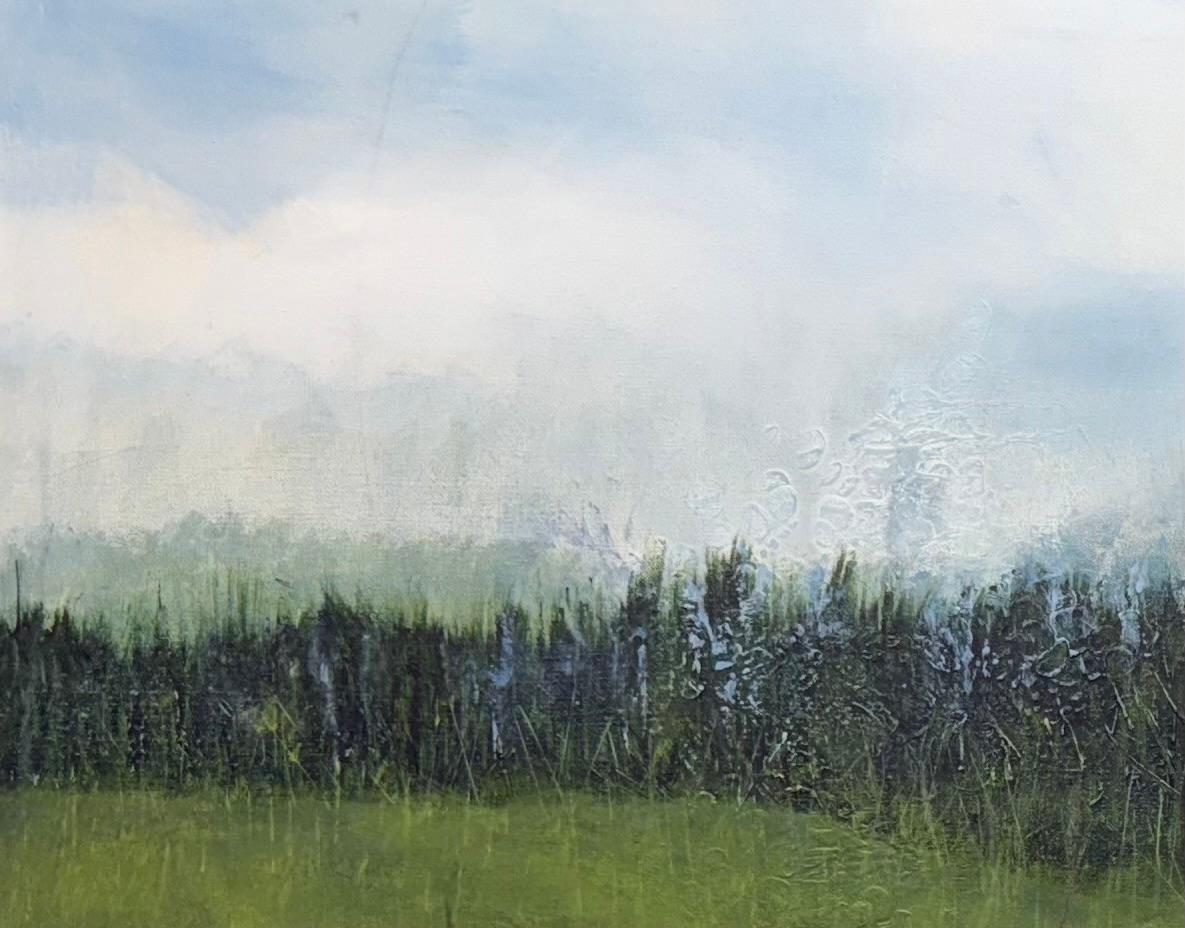 Entre las flores silvestres, verde, azul, río, naturaleza, realismo - Painting Realista de Juanita Bellavance 