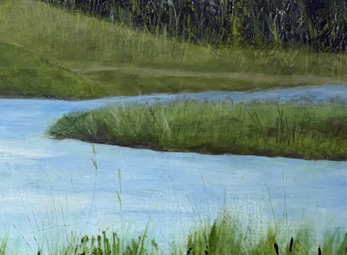 Entre las flores silvestres, verde, azul, río, naturaleza, realismo en venta 4