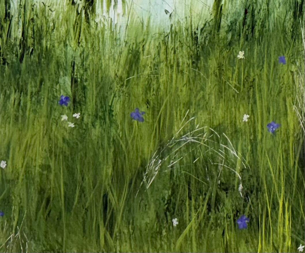 Entre las flores silvestres, verde, azul, río, naturaleza, realismo en venta 5