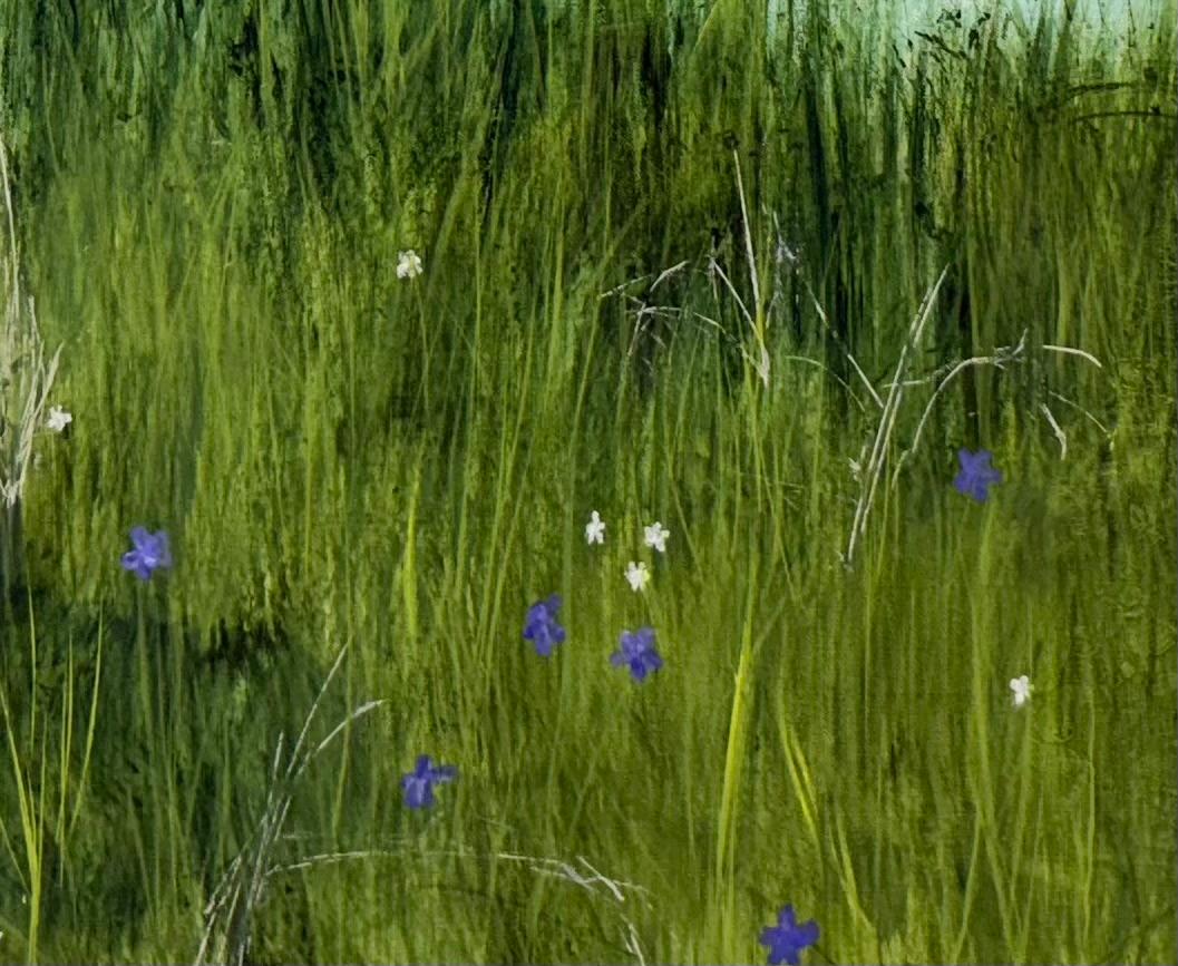 Entre las flores silvestres, verde, azul, río, naturaleza, realismo en venta 6