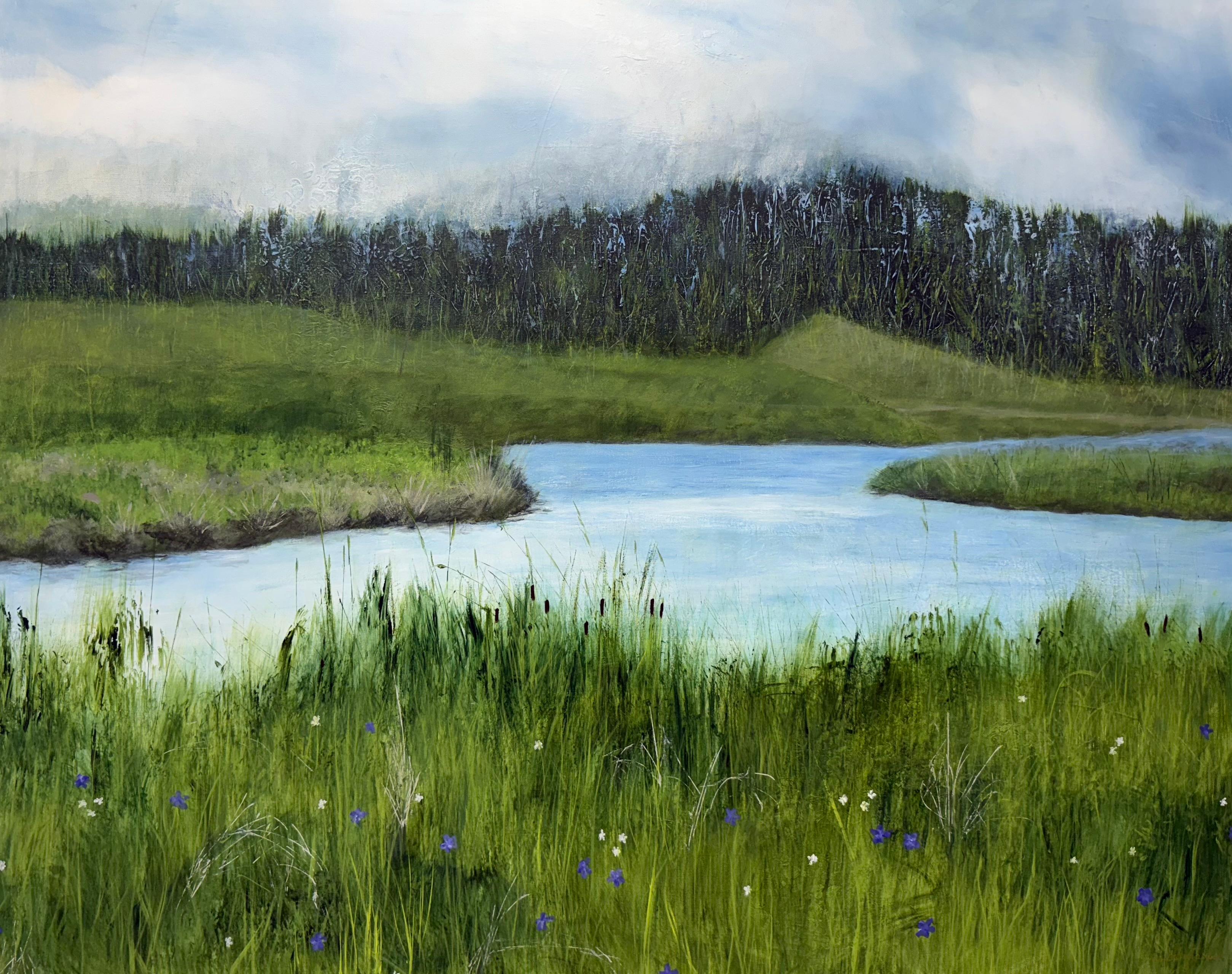 Entre las flores silvestres, verde, azul, río, naturaleza, realismo - Painting de Juanita Bellavance 