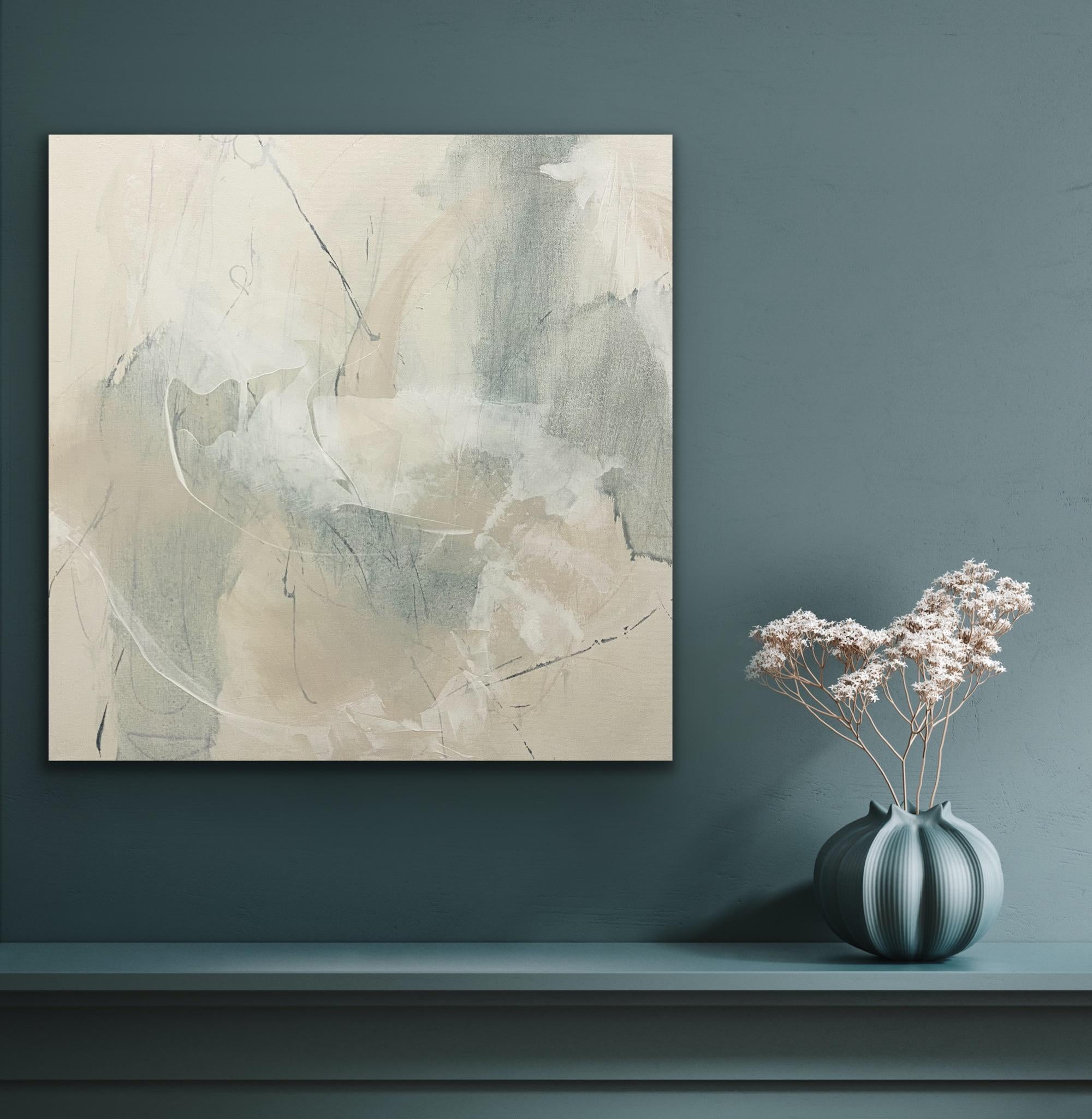 Articulate 5, contemporary abstract, seafoam, tan, white 24x24 inches For Sale 5
