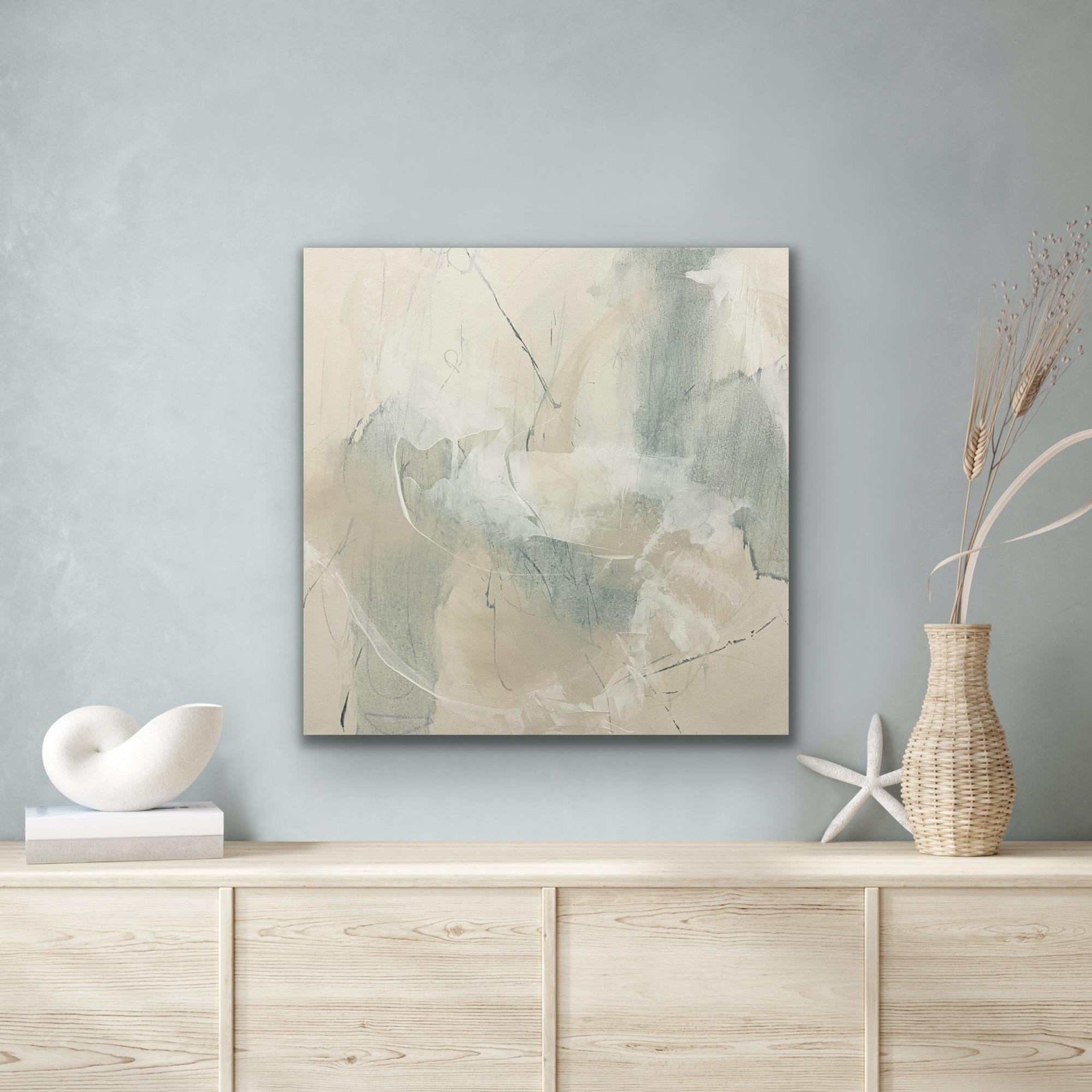 Articulate 5, contemporary abstract, seafoam, tan, white 24x24 inches For Sale 7