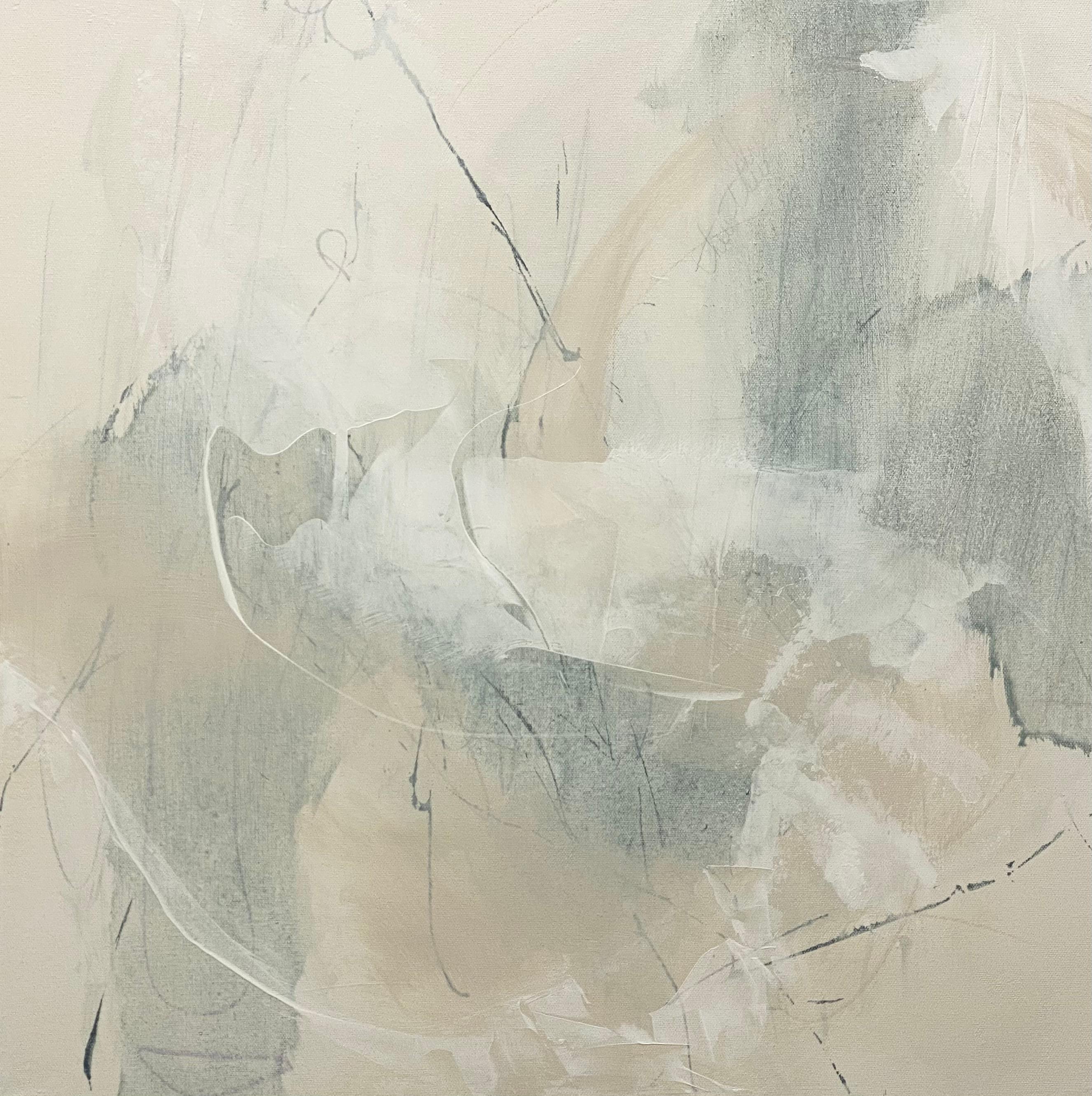 Abstract Painting de Juanita Bellavance  - Articulado 5, abstracto contemporáneo, verde mar, tostado, blanco 24x24 pulgadas
