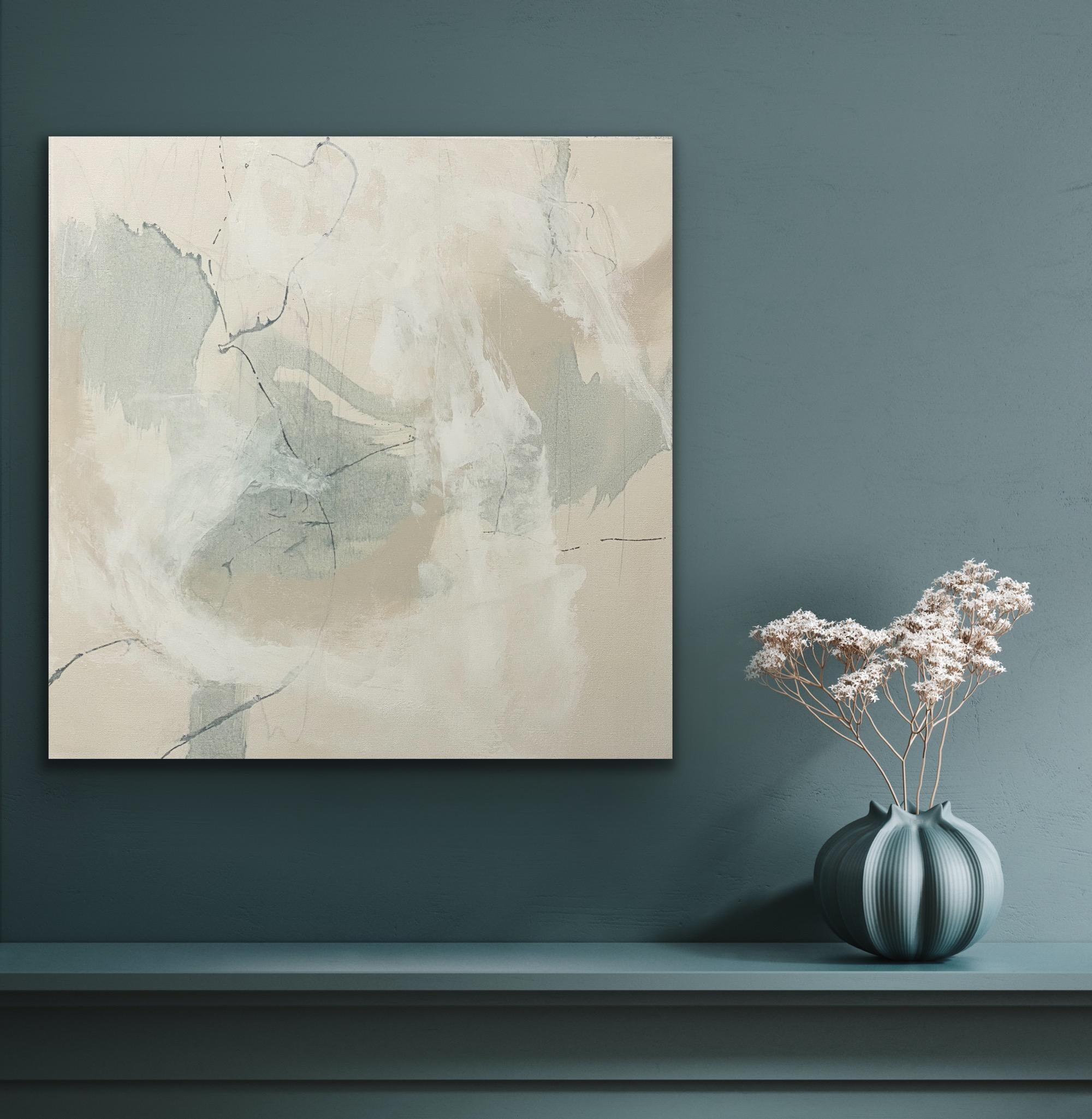 Articulate 6, contemporary abstract, neutral, seafoam, tan, white 24x24 inches For Sale 5