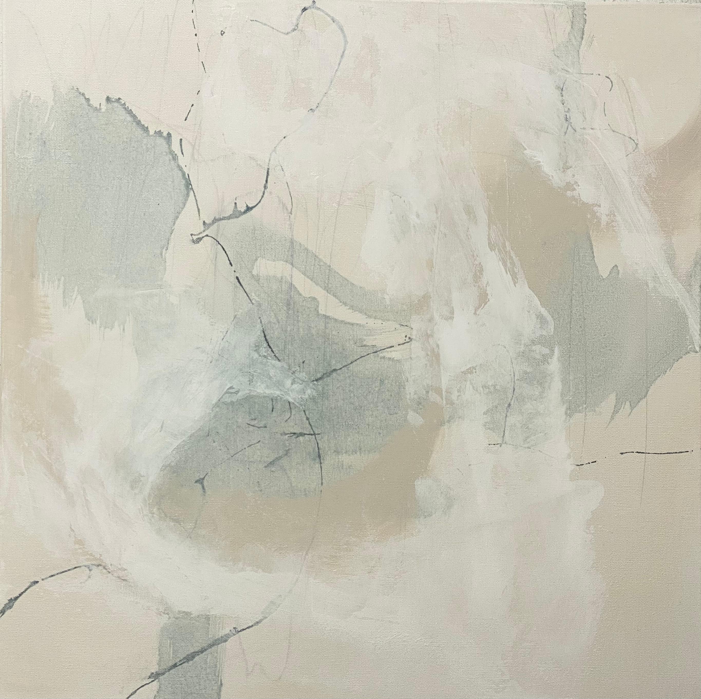 Abstract Painting Juanita Bellavance  - Articulate 6, abstrait contemporain, neutre, écume de mer, rotin, blanc 61 x 61 cm