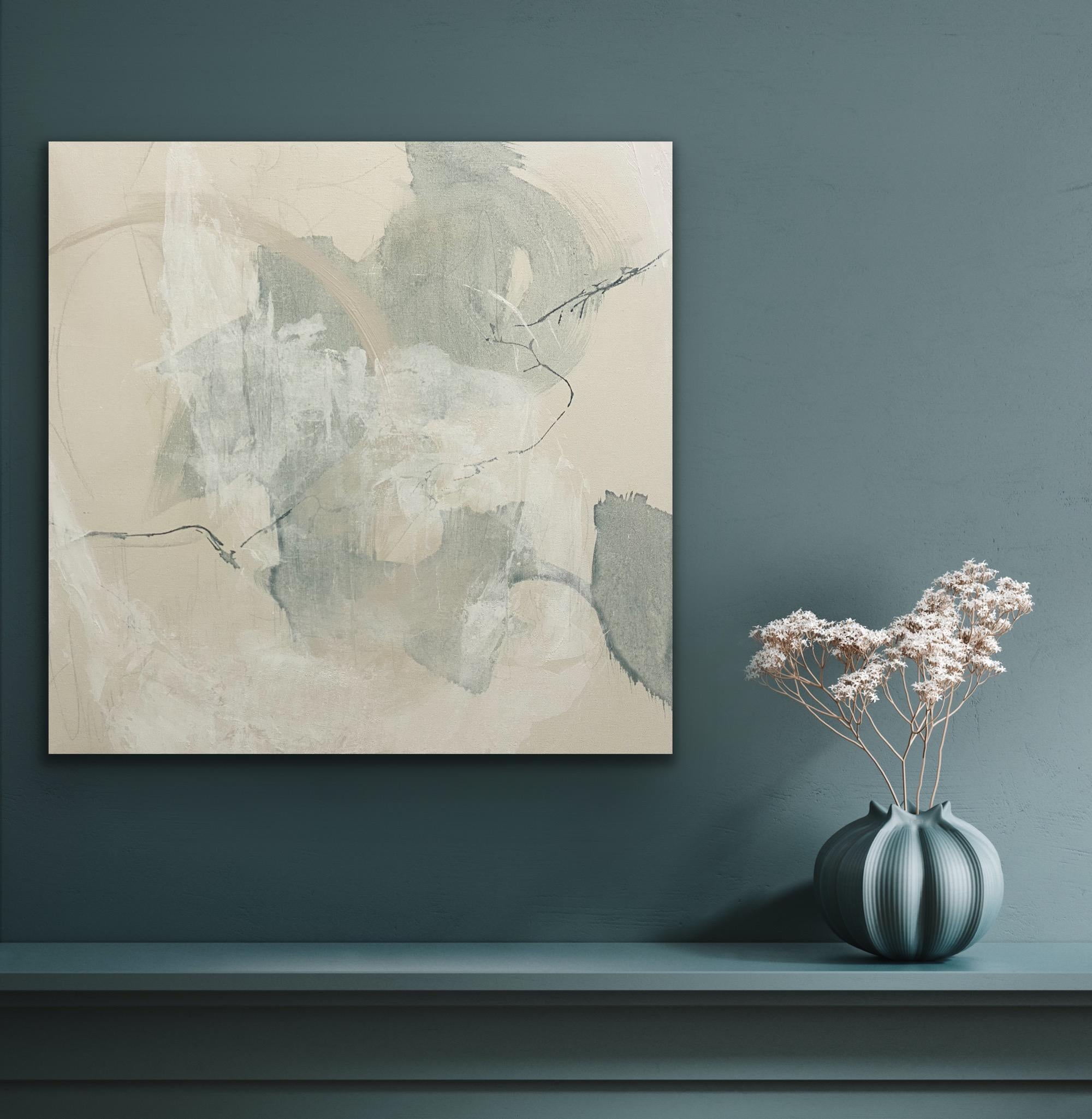 Articulate 7, contemporary abstract, seafoam, tan, white 24x24 inches For Sale 7
