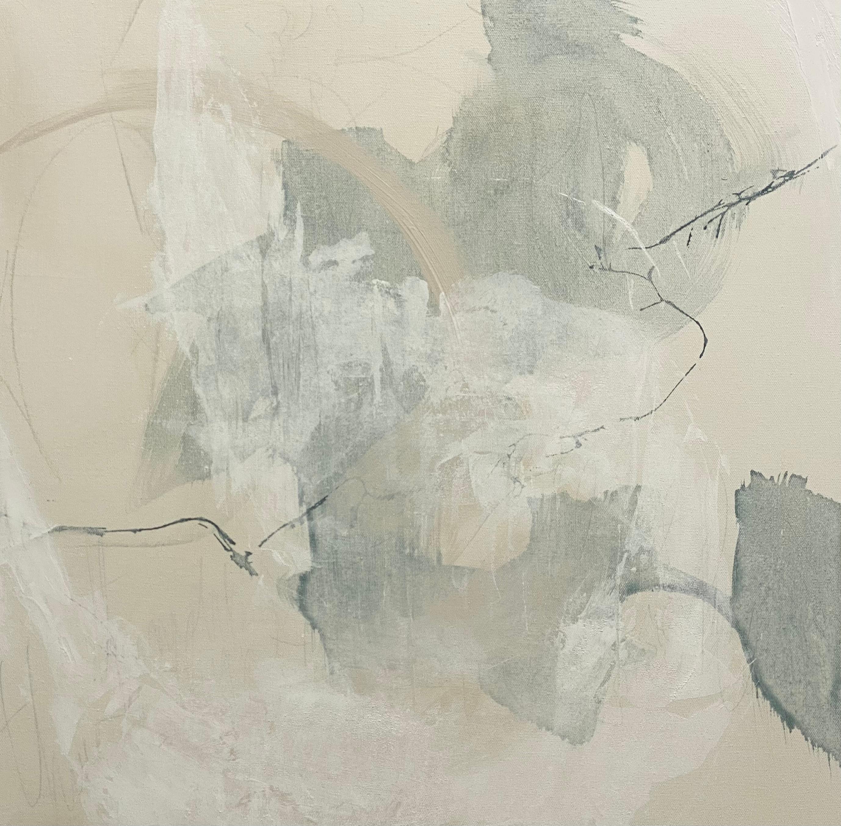 Juanita Bellavance  Abstract Painting - Articulate 7, contemporary abstract, seafoam, tan, white 24x24 inches