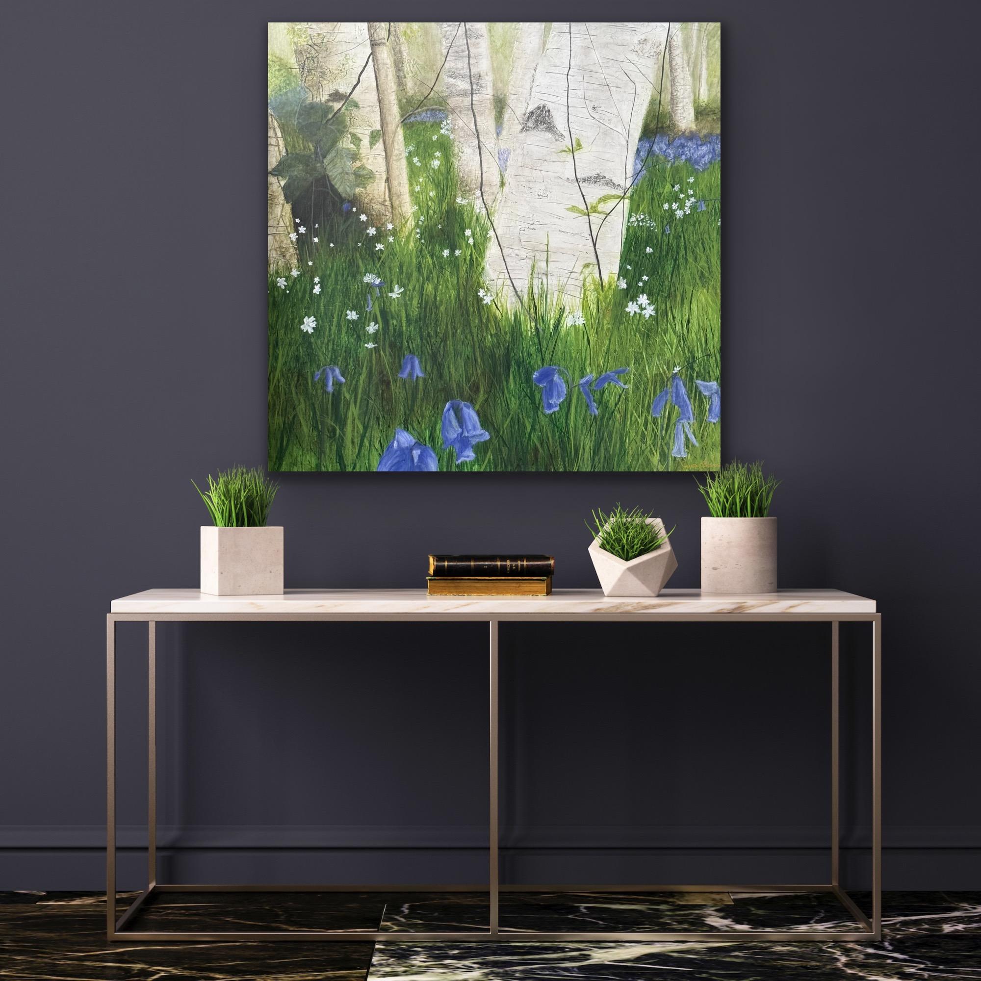 Birke Song, Birken, wilde Glockenblumen, Waldlandschaft, heiter im Angebot 6