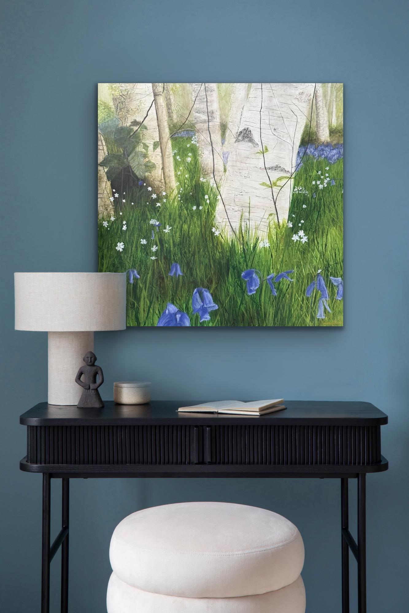 Birke Song, Birken, wilde Glockenblumen, Waldlandschaft, heiter im Angebot 7