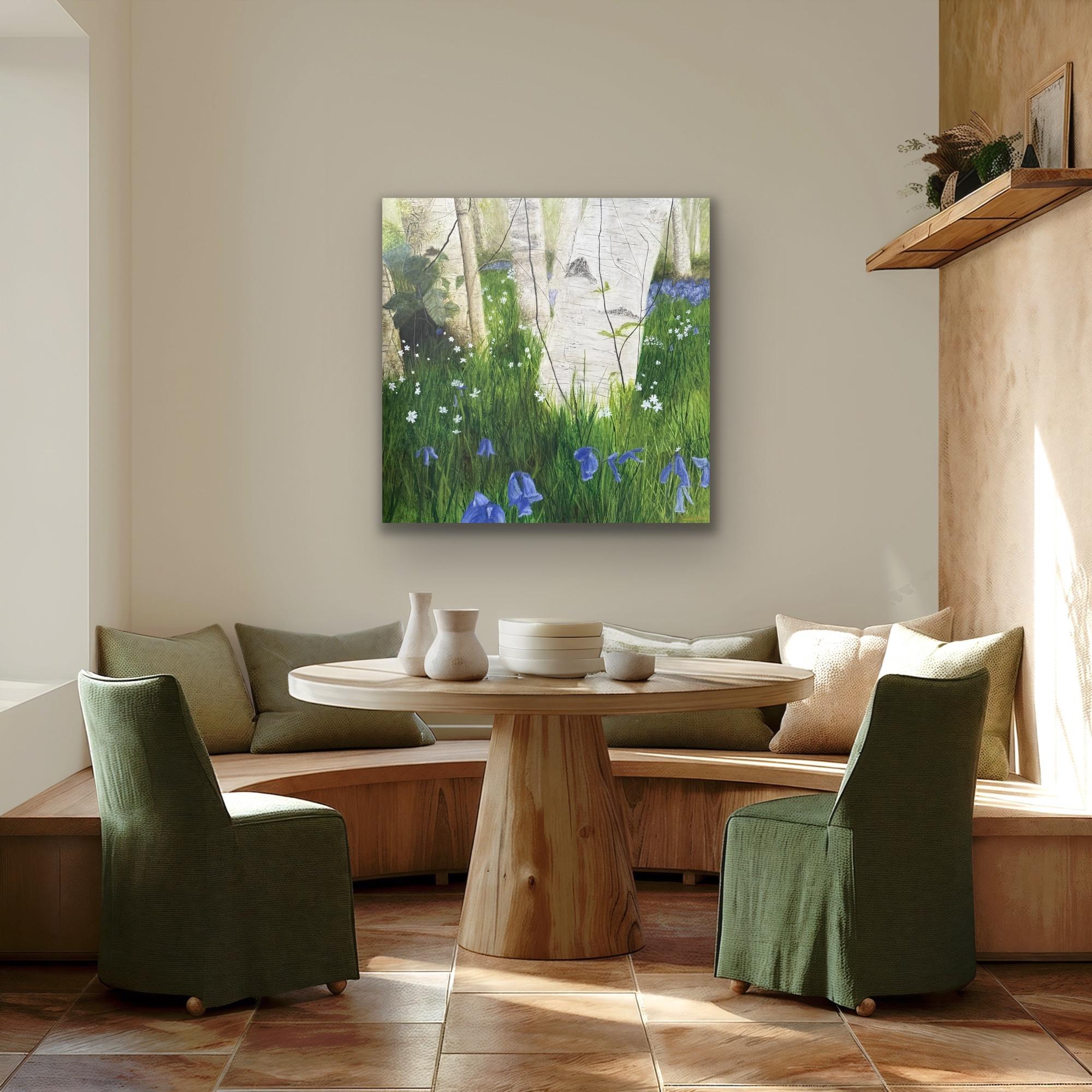 Birke Song, Birken, wilde Glockenblumen, Waldlandschaft, heiter im Angebot 8