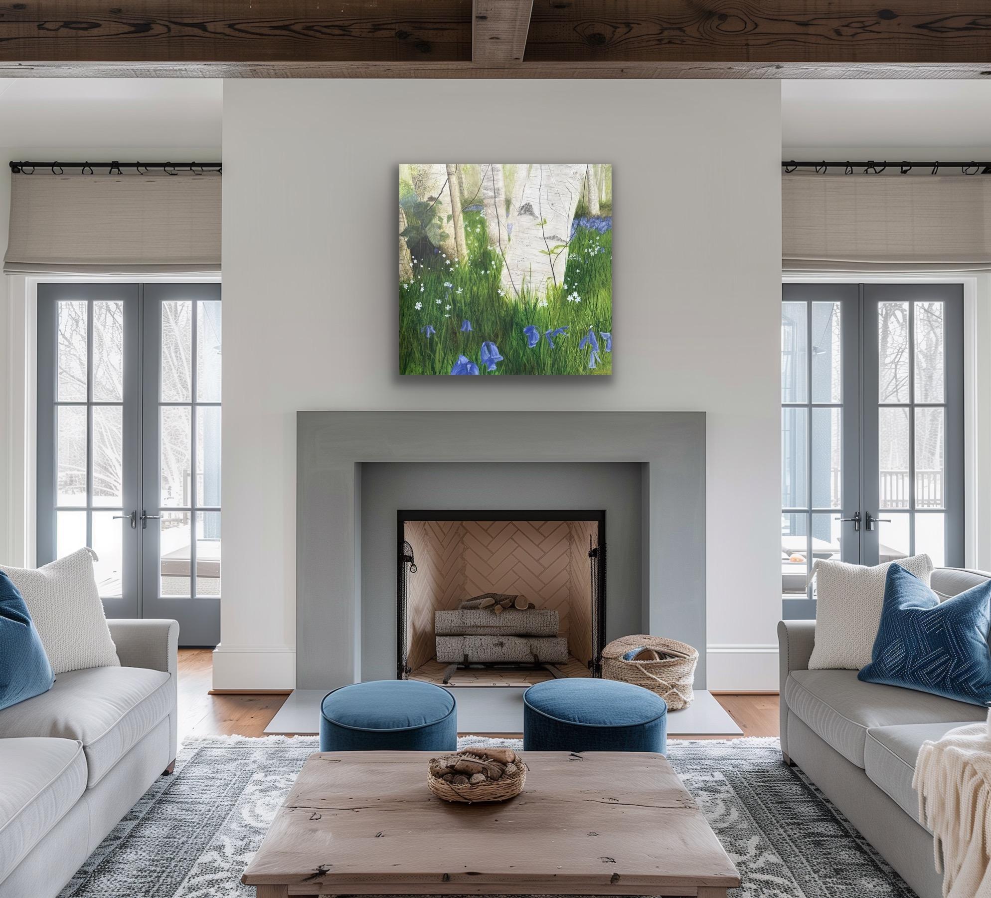 Birke Song, Birken, wilde Glockenblumen, Waldlandschaft, heiter im Angebot 9