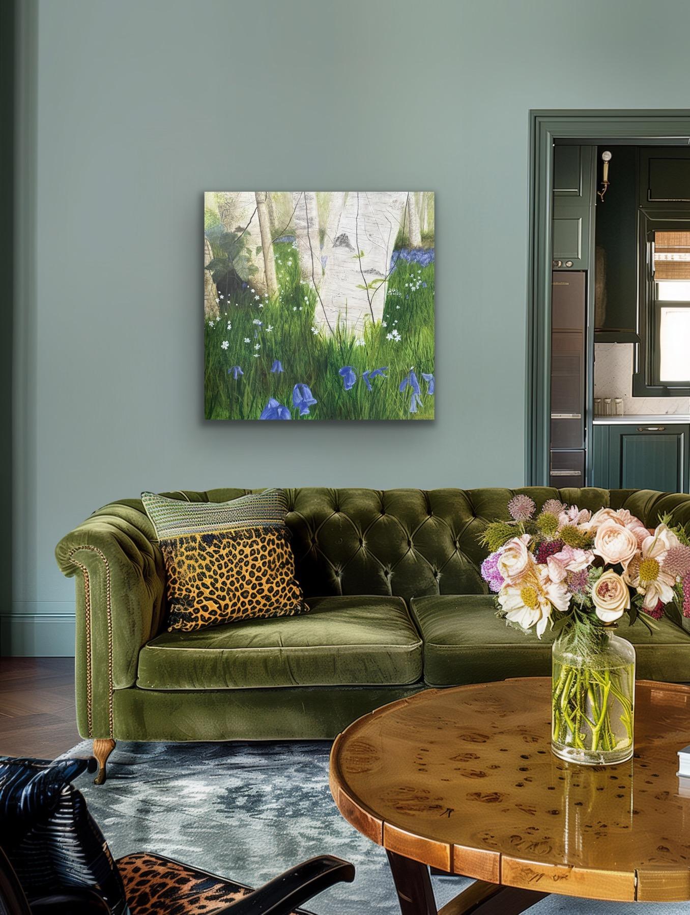 Birke Song, Birken, wilde Glockenblumen, Waldlandschaft, heiter im Angebot 10