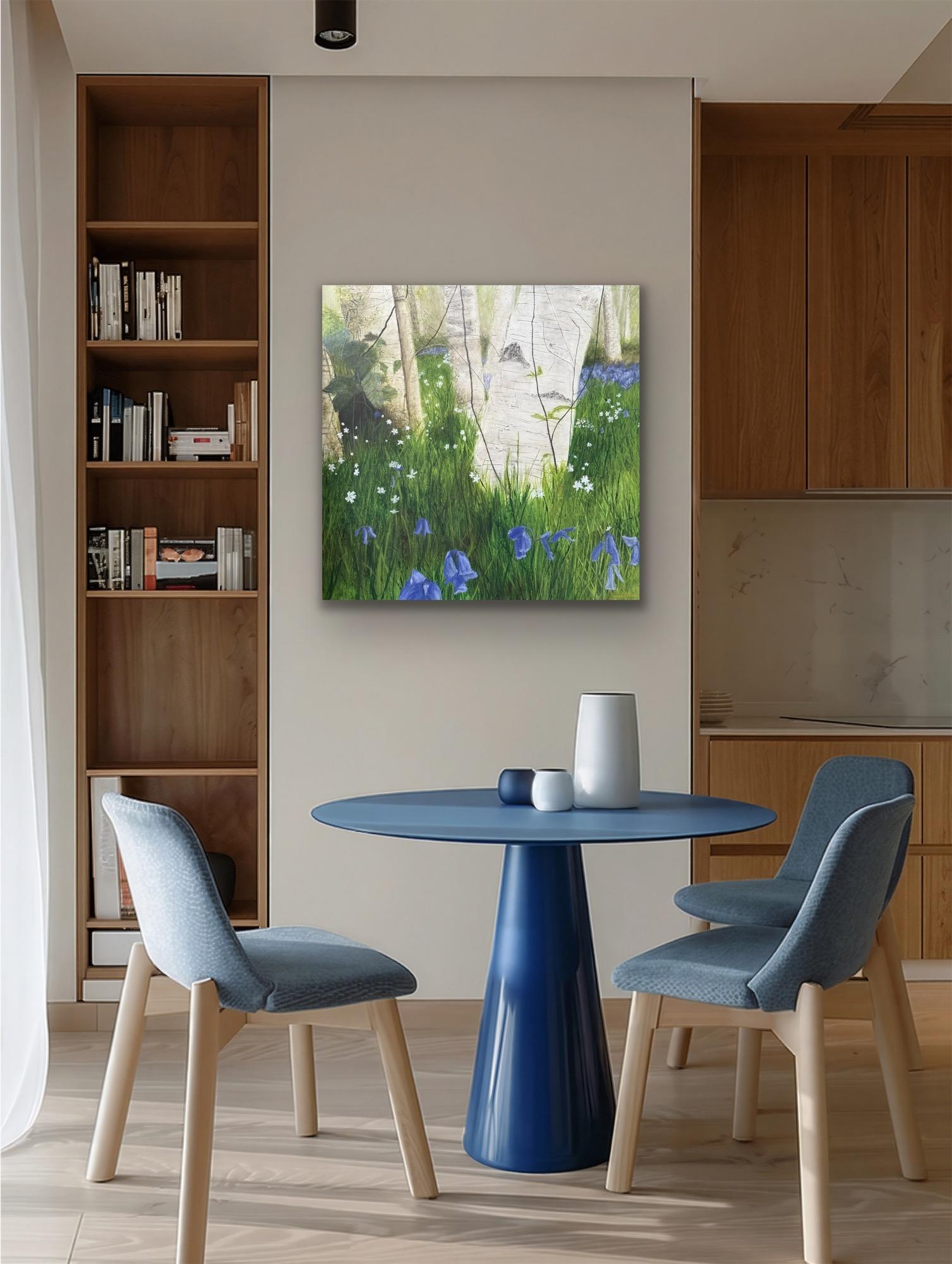 Birke Song, Birken, wilde Glockenblumen, Waldlandschaft, heiter im Angebot 5