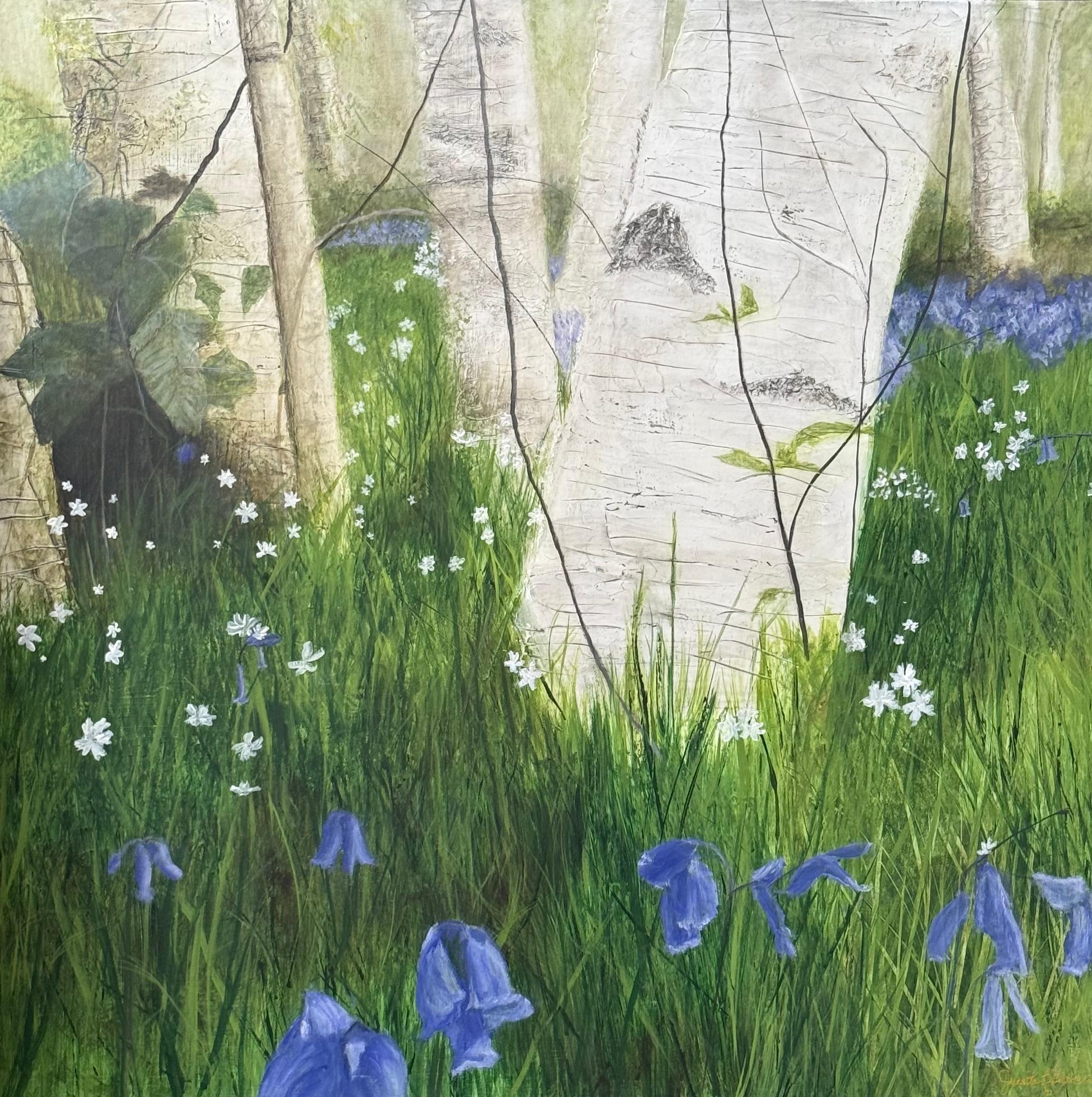 Juanita Bellavance  Landscape Painting – Birke Song, Birken, wilde Glockenblumen, Waldlandschaft, heiter